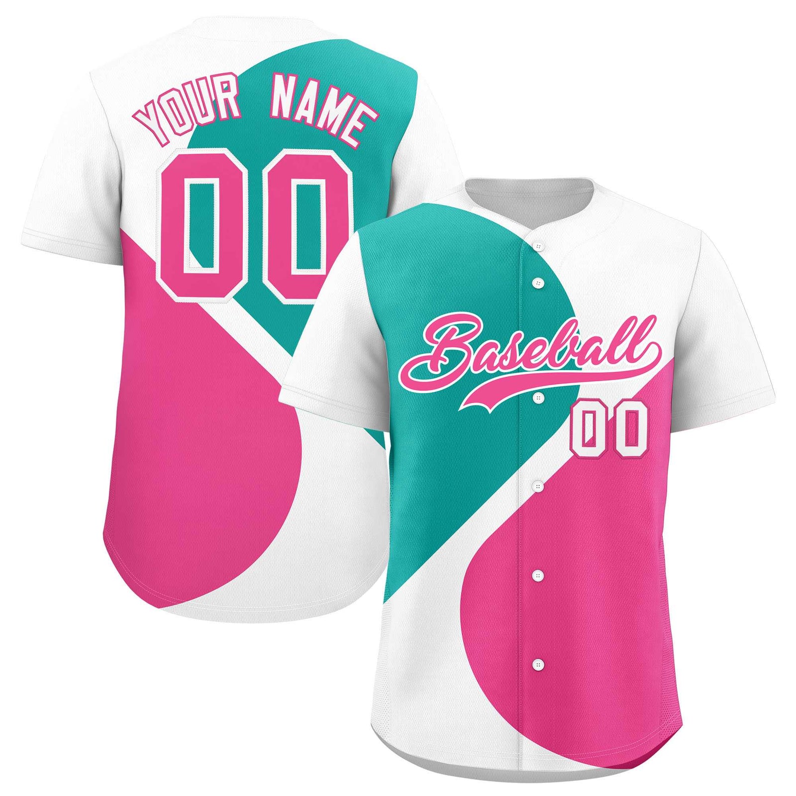 Custom White Aqua-Pink Color Block Personalized Half Heart Pattern Authentic Baseball Jersey