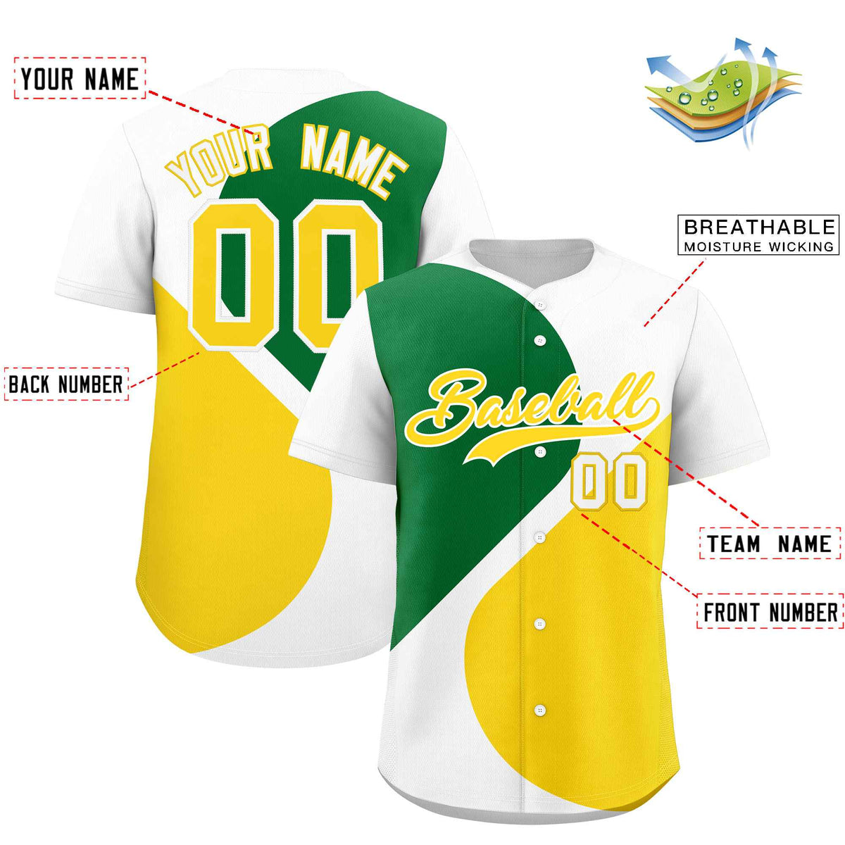Custom White Kelly Green-Gold Color Block Personalized Half Heart Pattern Authentic Baseball Jersey