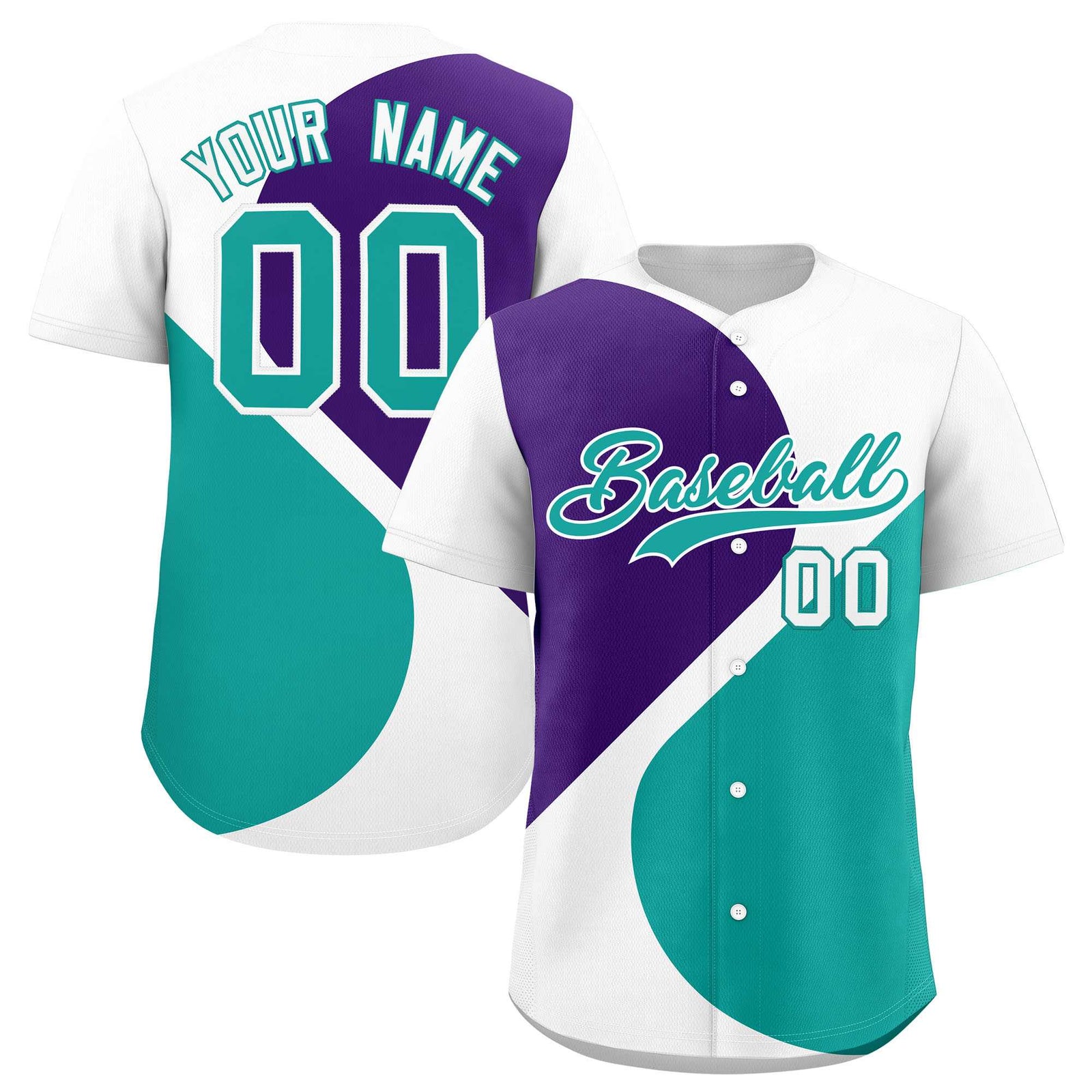 Custom White Purple-Aqua Color Block Personalized Half Heart Pattern Authentic Baseball Jersey