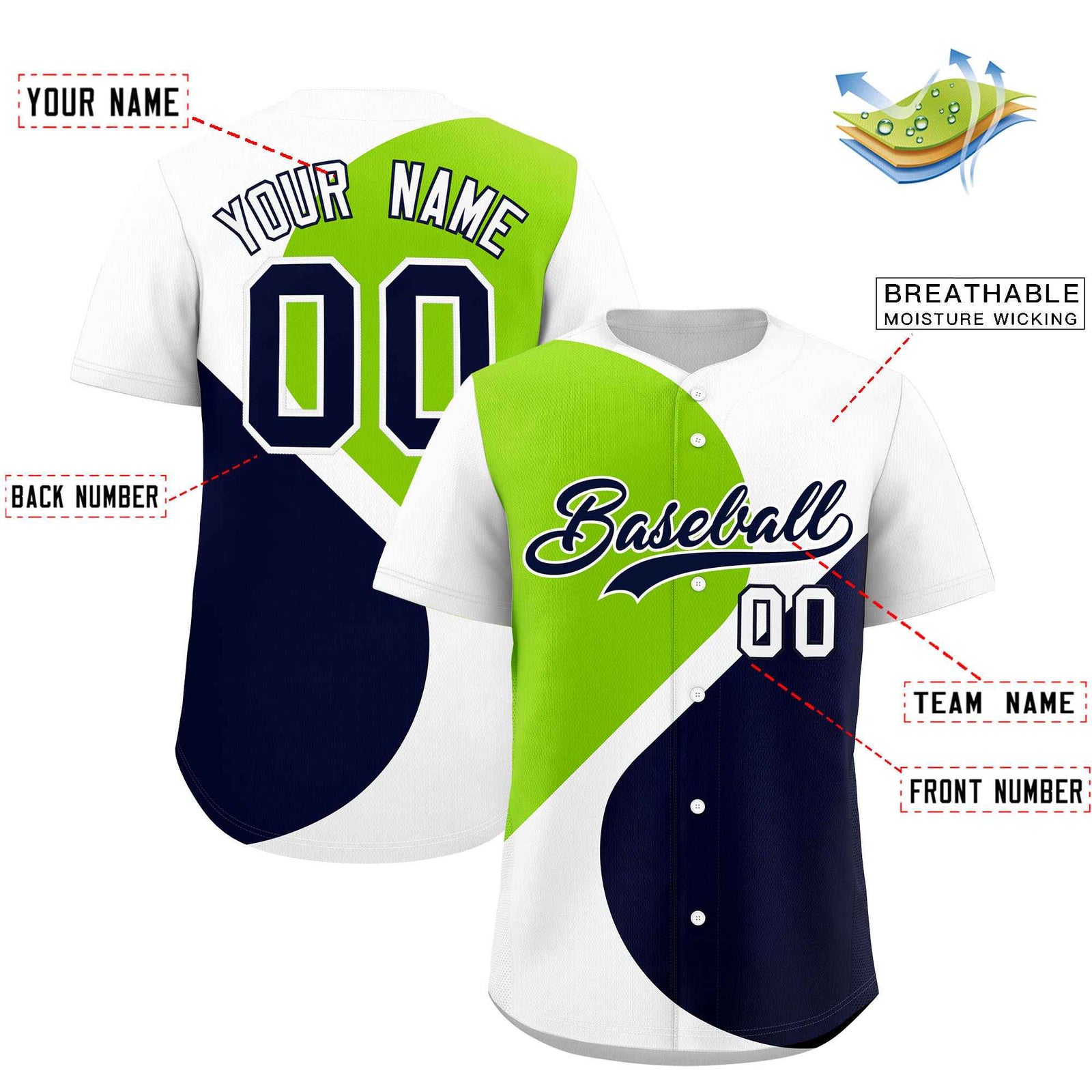 Custom White Neon Green-Navy Color Block Personalized Half Heart Pattern Authentic Baseball Jersey