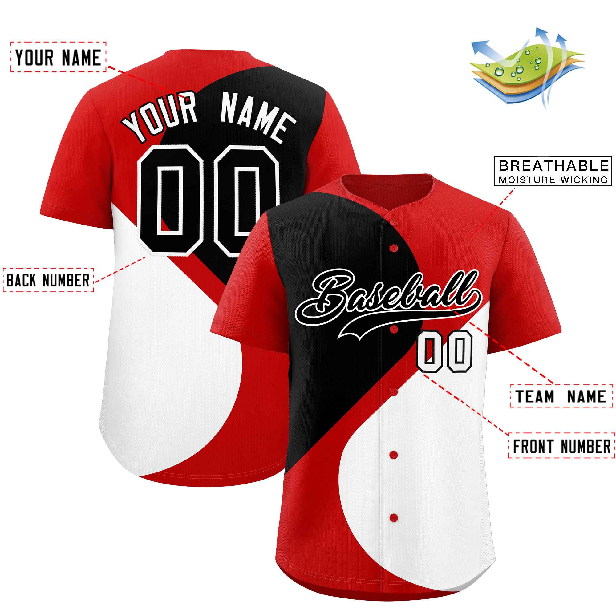 Custom Red Black-White Color Block Personalized Half Heart Pattern Authentic Baseball Jersey