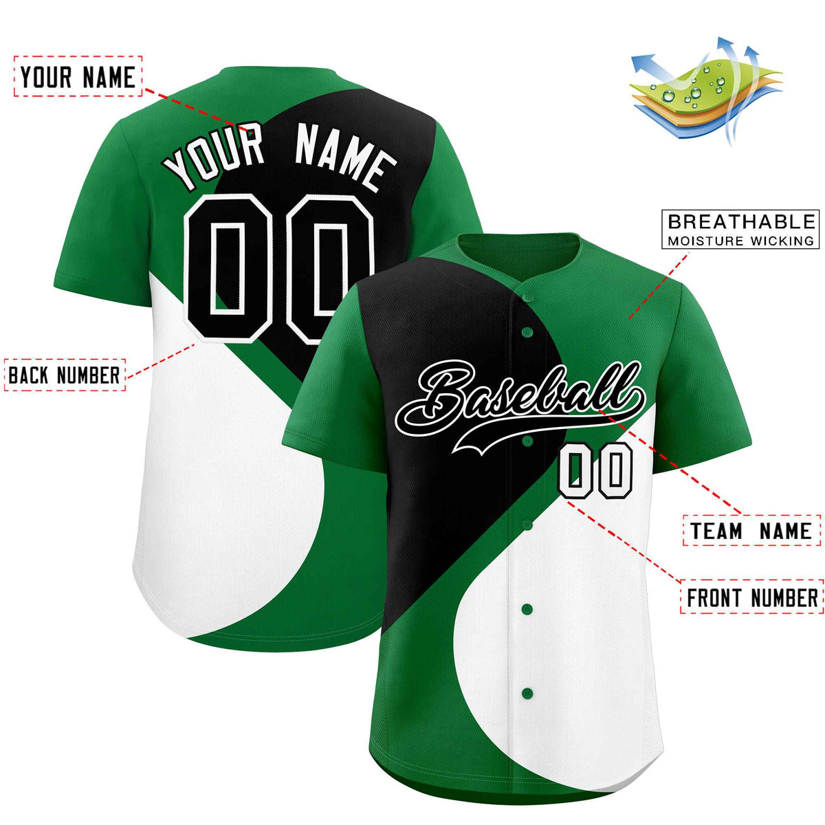 Custom Kelly Green Black-White Color Block Personalized Half Heart Pattern Authentic Baseball Jersey