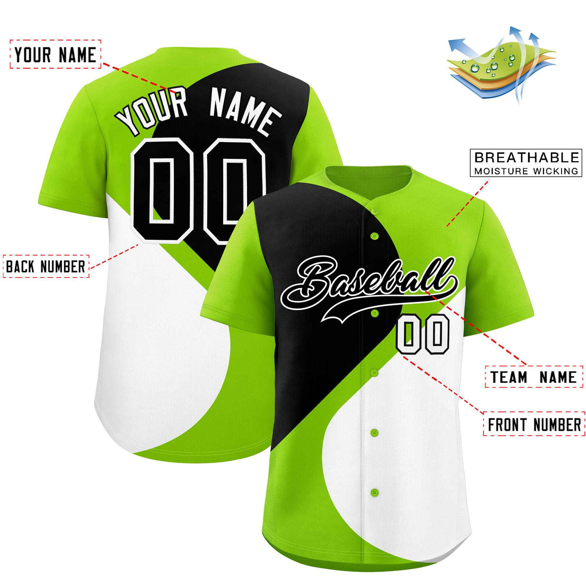 Custom Neon Green Black-White Color Block Personalized Half Heart Pattern Authentic Baseball Jersey