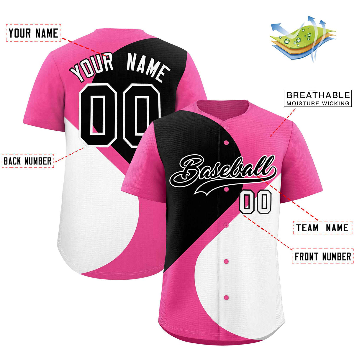 Custom Pink Black-White Color Block Personalized Half Heart Pattern Authentic Baseball Jersey