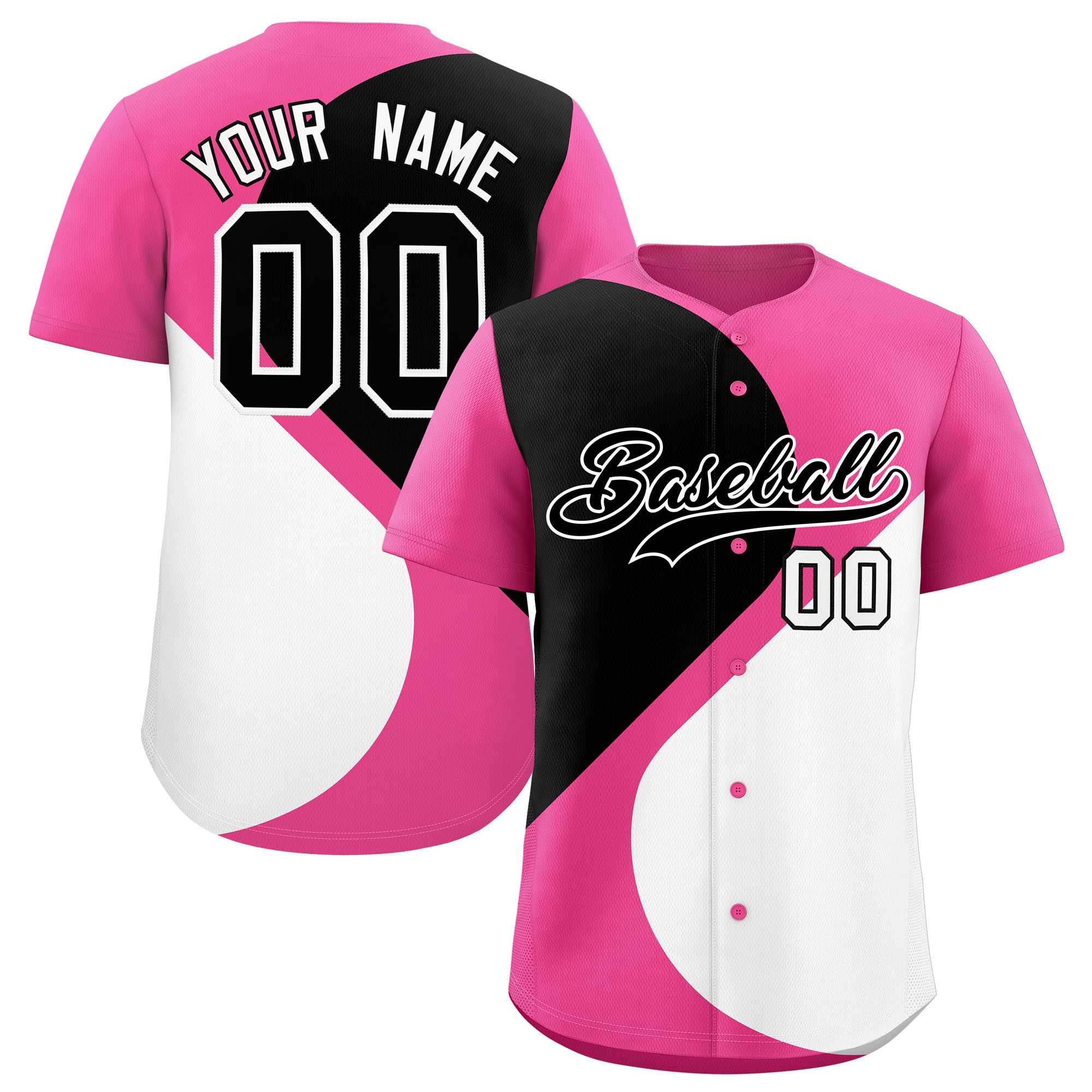 Custom Pink Black-White Color Block Personalized Half Heart Pattern Authentic Baseball Jersey