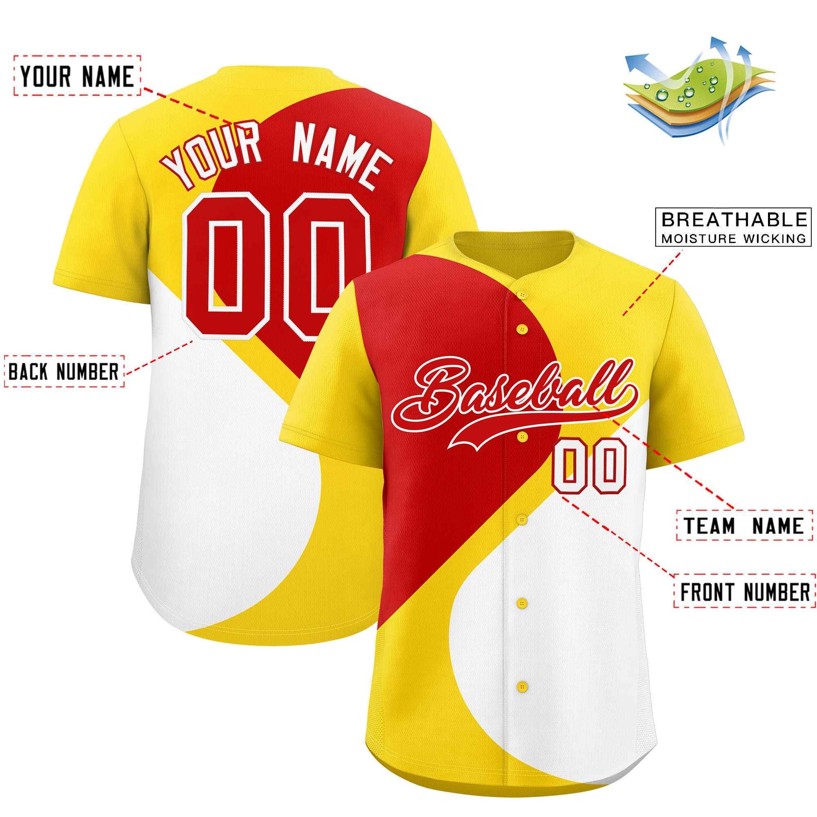 Custom Gold Red-White Color Block Personalized Half Heart Pattern Authentic Baseball Jersey