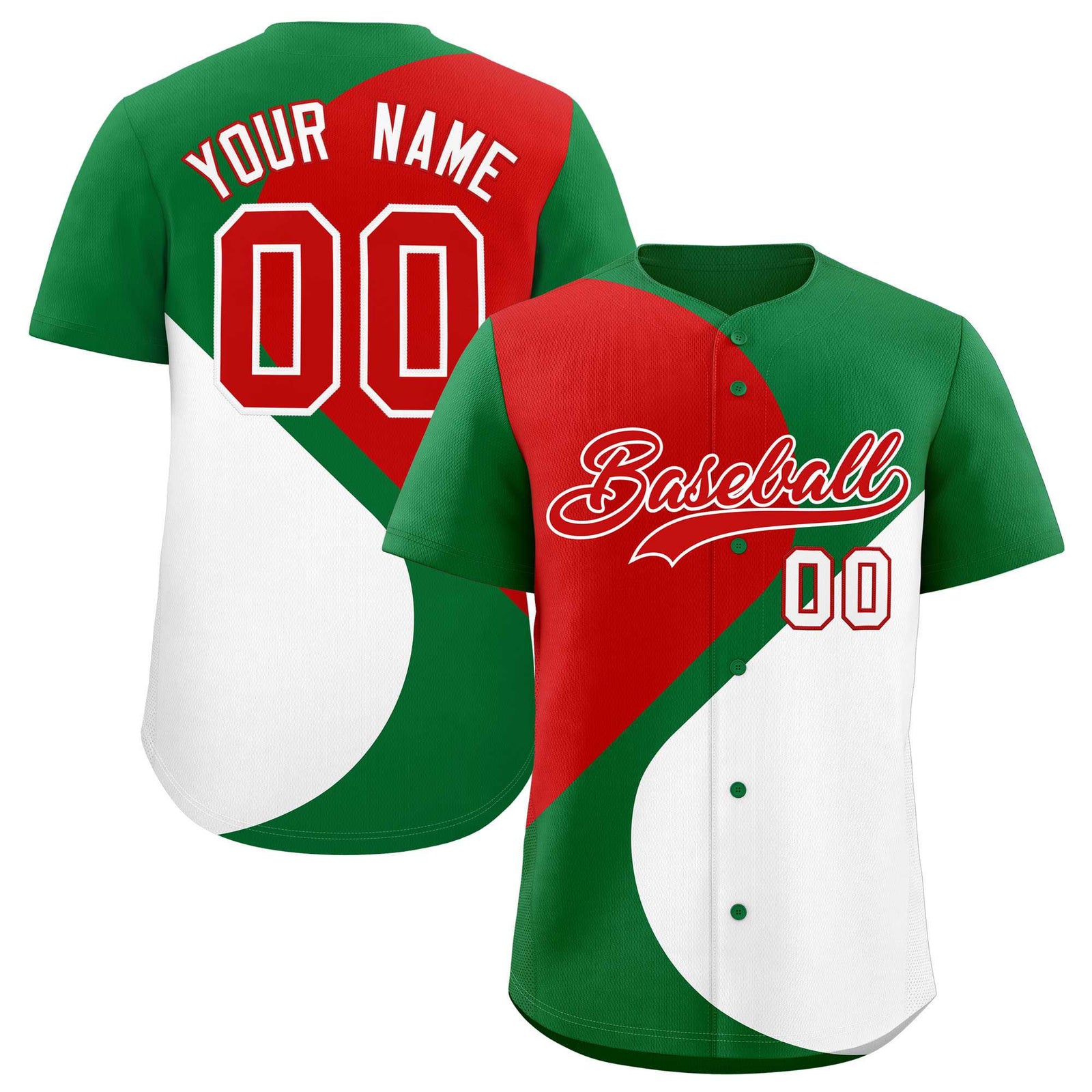 Custom Kelly Green Red-White Color Block Personalized Half Heart Pattern Authentic Baseball Jersey