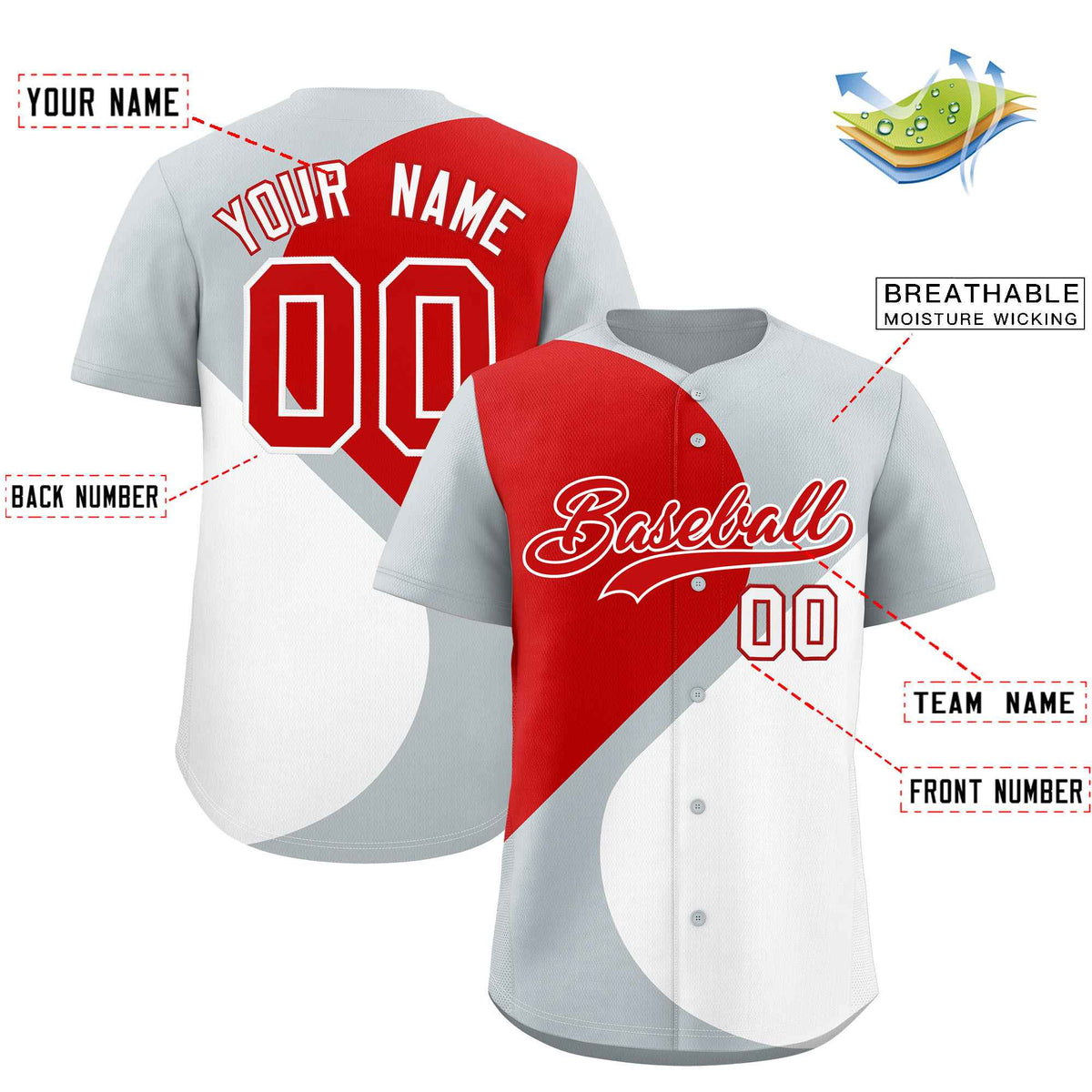 Custom Silver Red-White Color Block Personalized Half Heart Pattern Authentic Baseball Jersey
