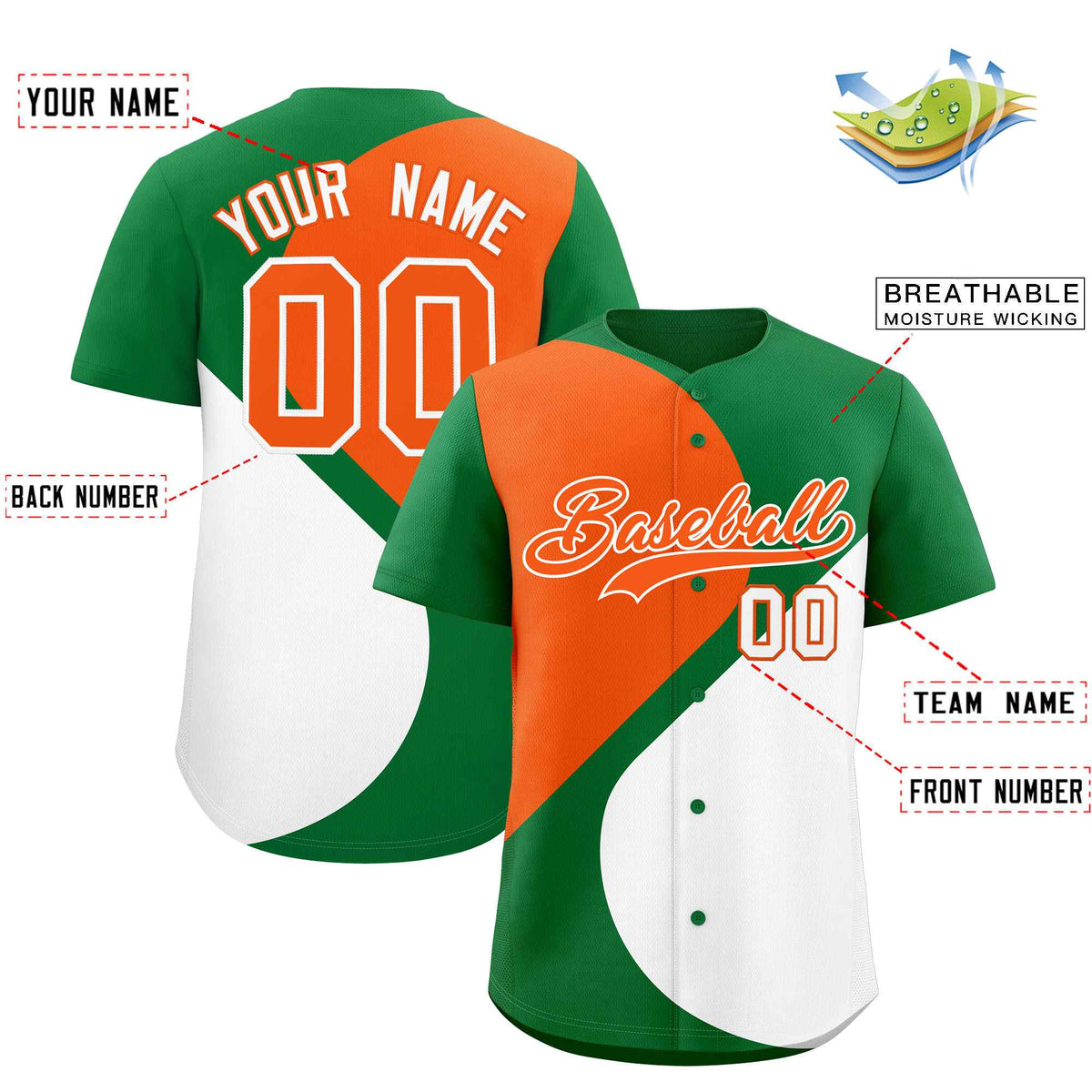 Custom Kelly Green Orange-White Color Block Personalized Half Heart Pattern Authentic Baseball Jersey