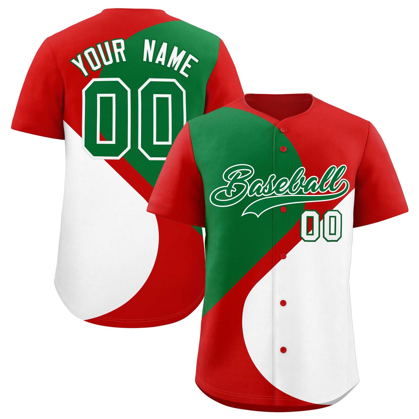 Custom Red Kelly Green-White Color Block Personalized Half Heart Pattern Authentic Baseball Jersey
