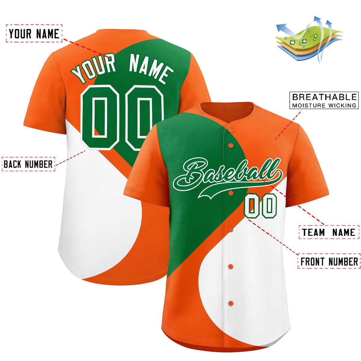Custom Orange Kelly Green-White Color Block Personalized Half Heart Pattern Authentic Baseball Jersey