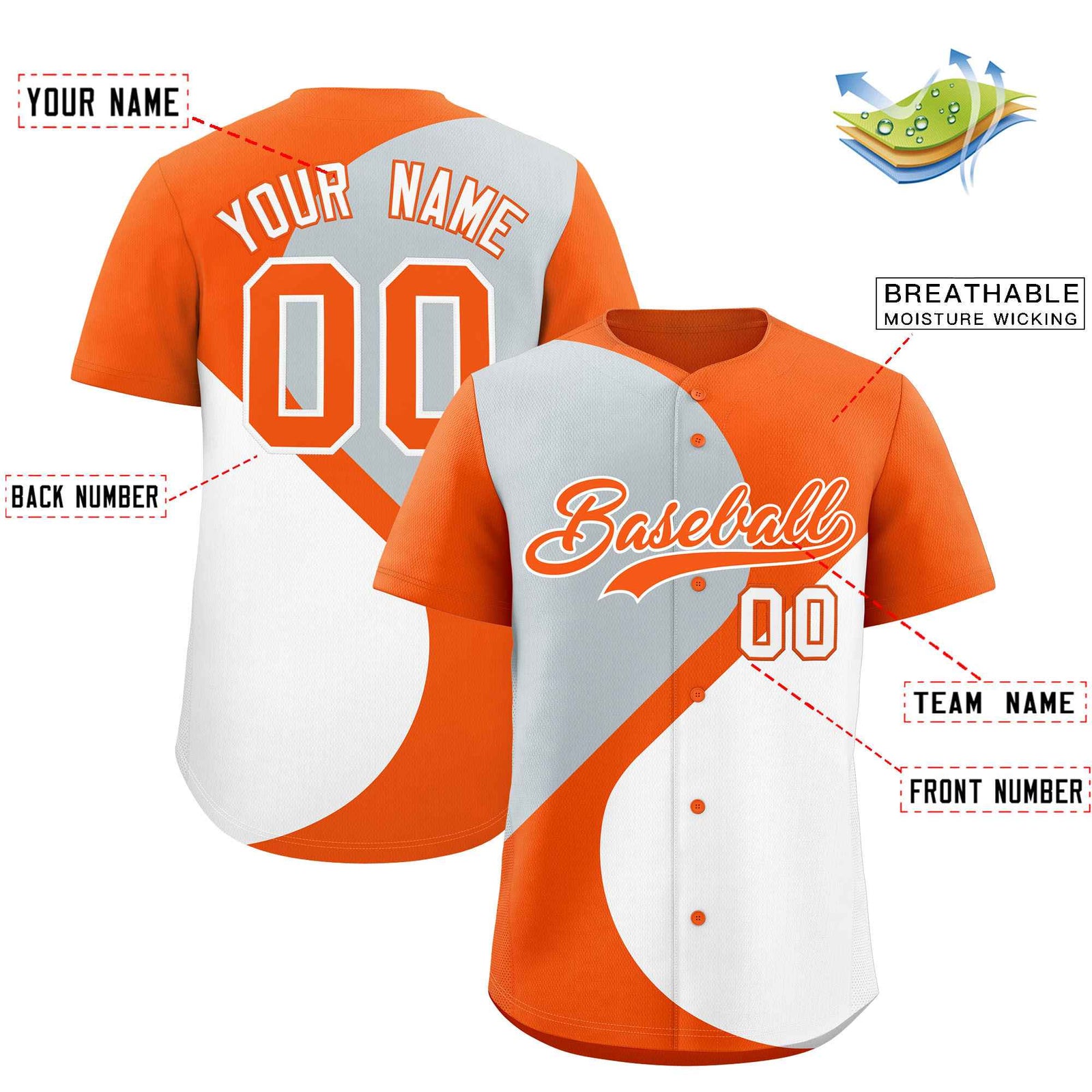 Custom Orange Silver-White Color Block Personalized Half Heart Pattern Authentic Baseball Jersey