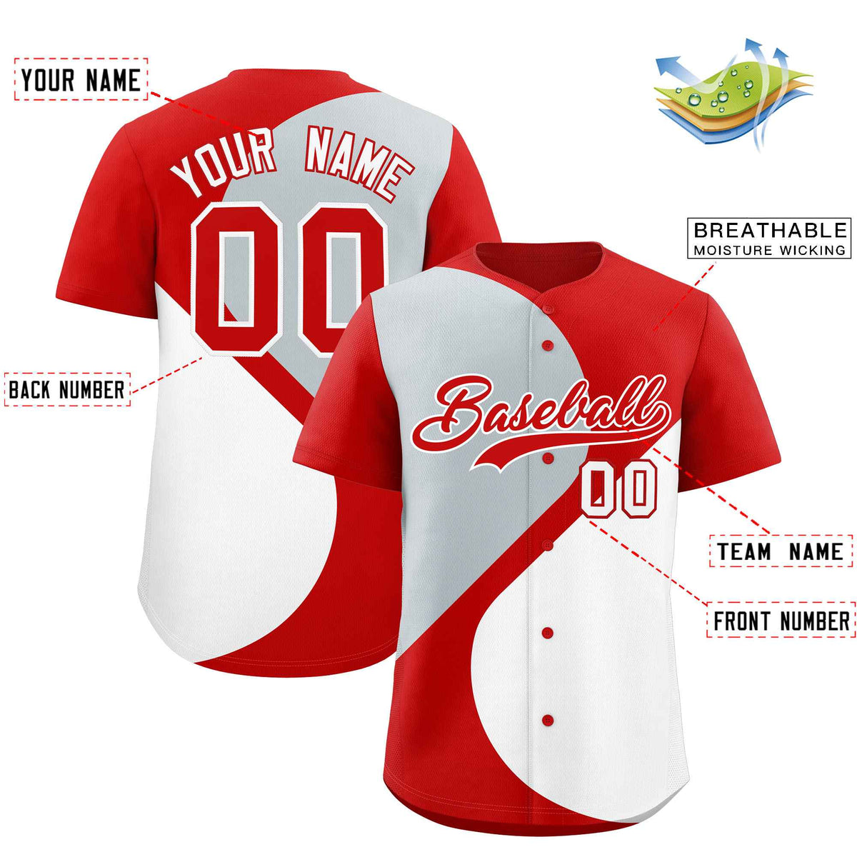 Custom Red Silver-White Color Block Personalized Half Heart Pattern Authentic Baseball Jersey
