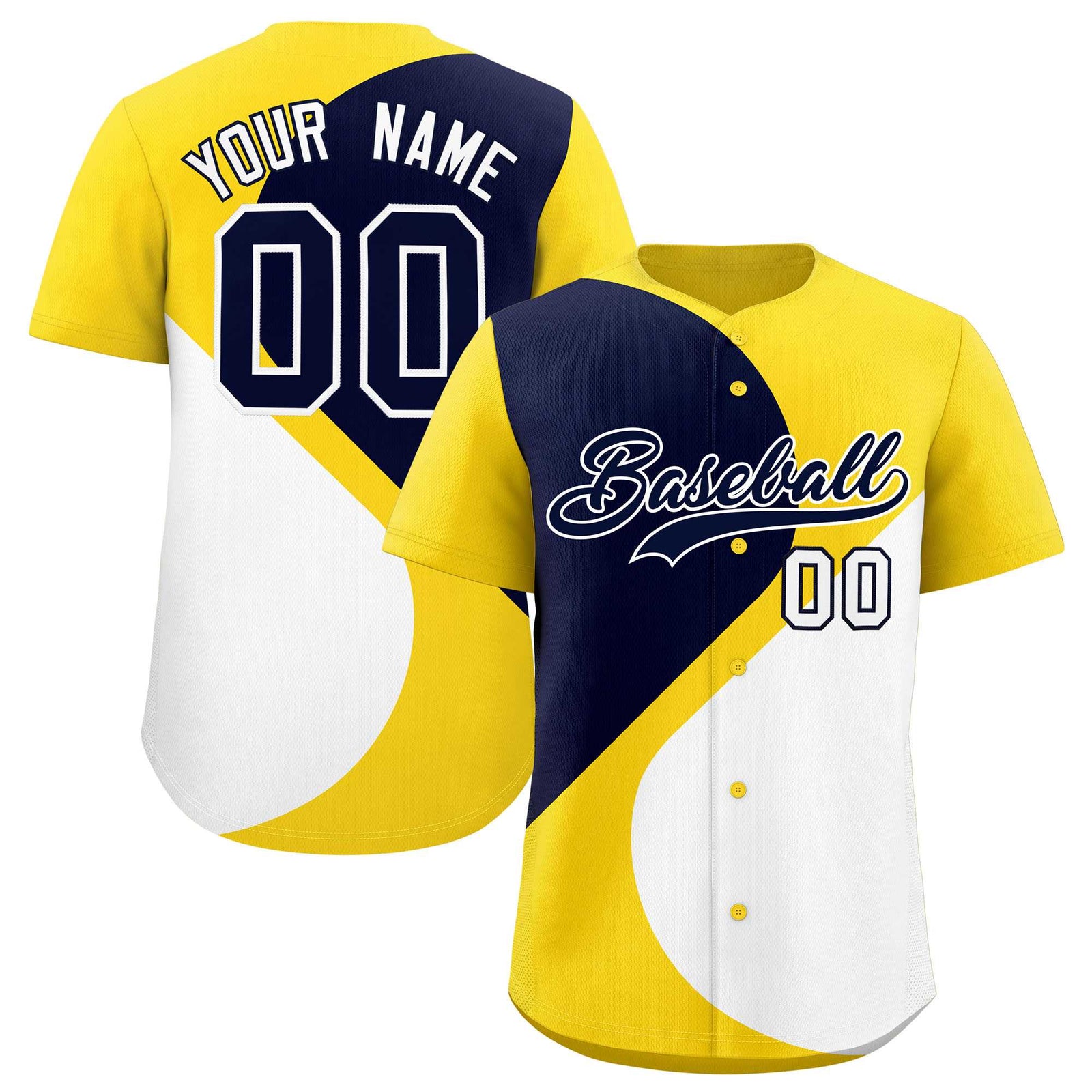 Custom Gold Navy-White Color Block Personalized Half Heart Pattern Authentic Baseball Jersey
