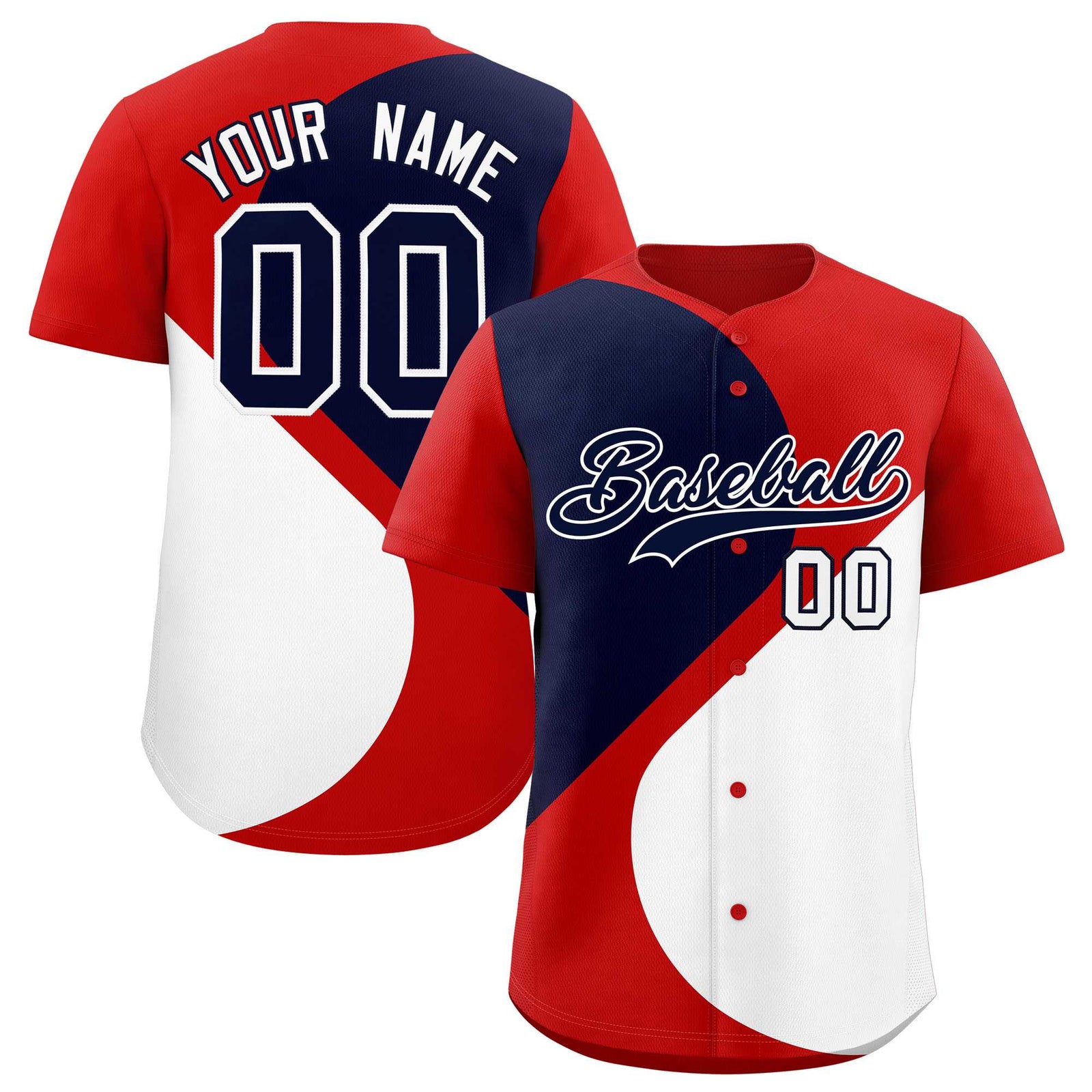 Custom Red Navy-White Color Block Personalized Half Heart Pattern Authentic Baseball Jersey