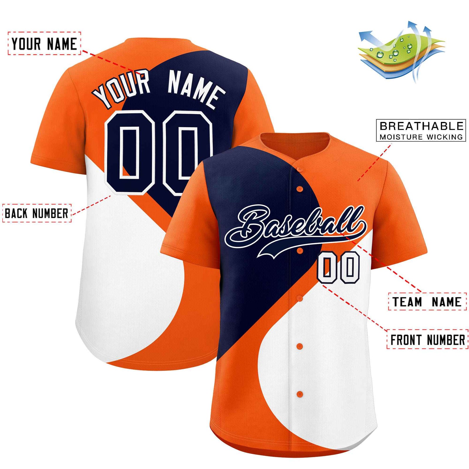 Custom Orange Navy-White Color Block Personalized Half Heart Pattern Authentic Baseball Jersey