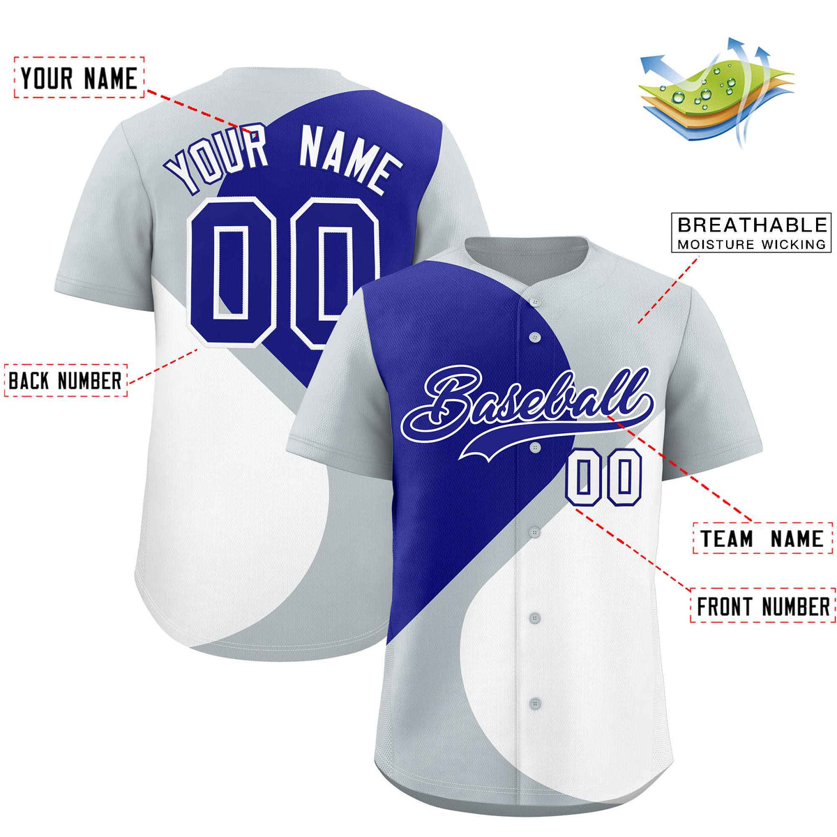 Custom Silver Royal-White Color Block Personalized Half Heart Pattern Authentic Baseball Jersey