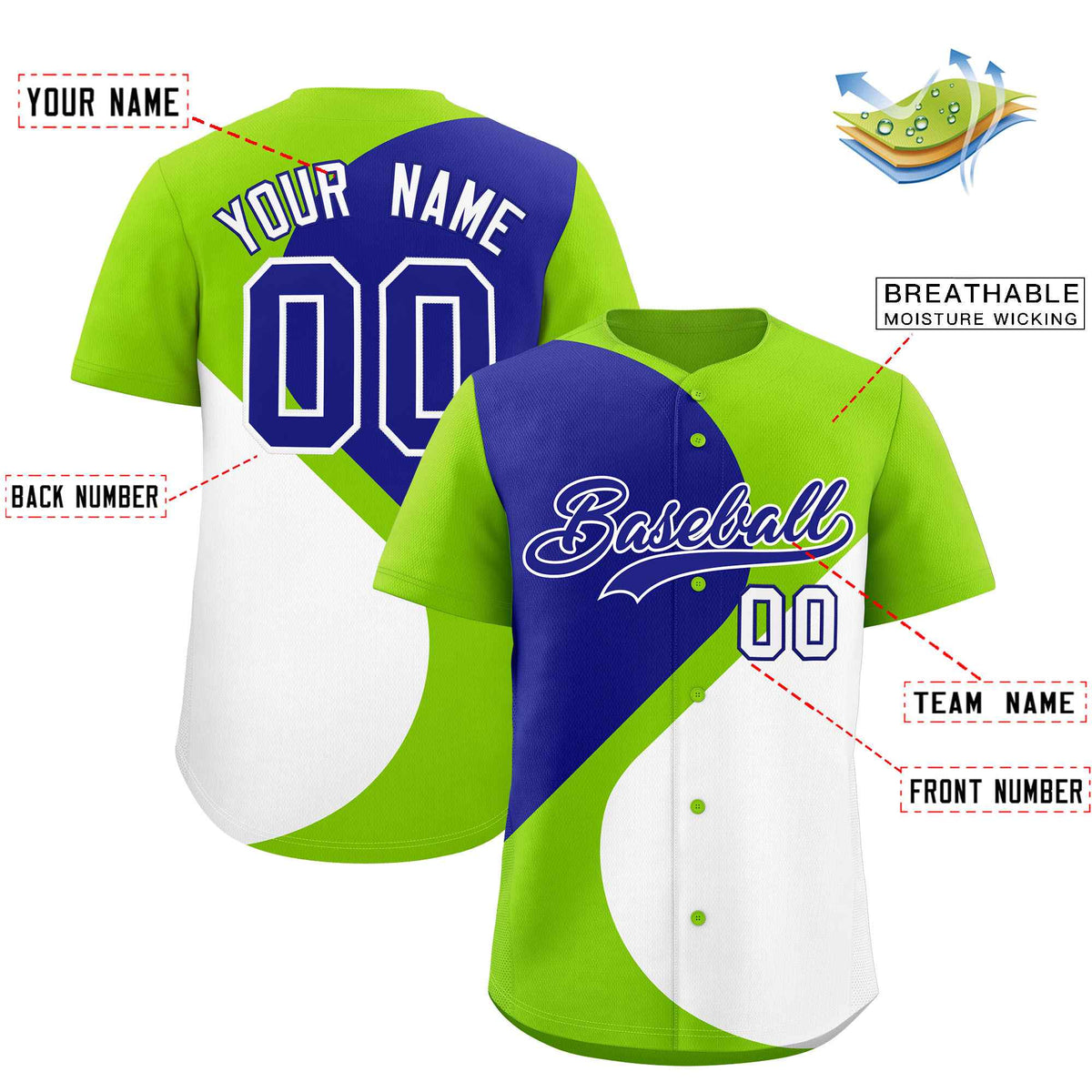 Custom Neon Green Royal-White Color Block Personalized Half Heart Pattern Authentic Baseball Jersey