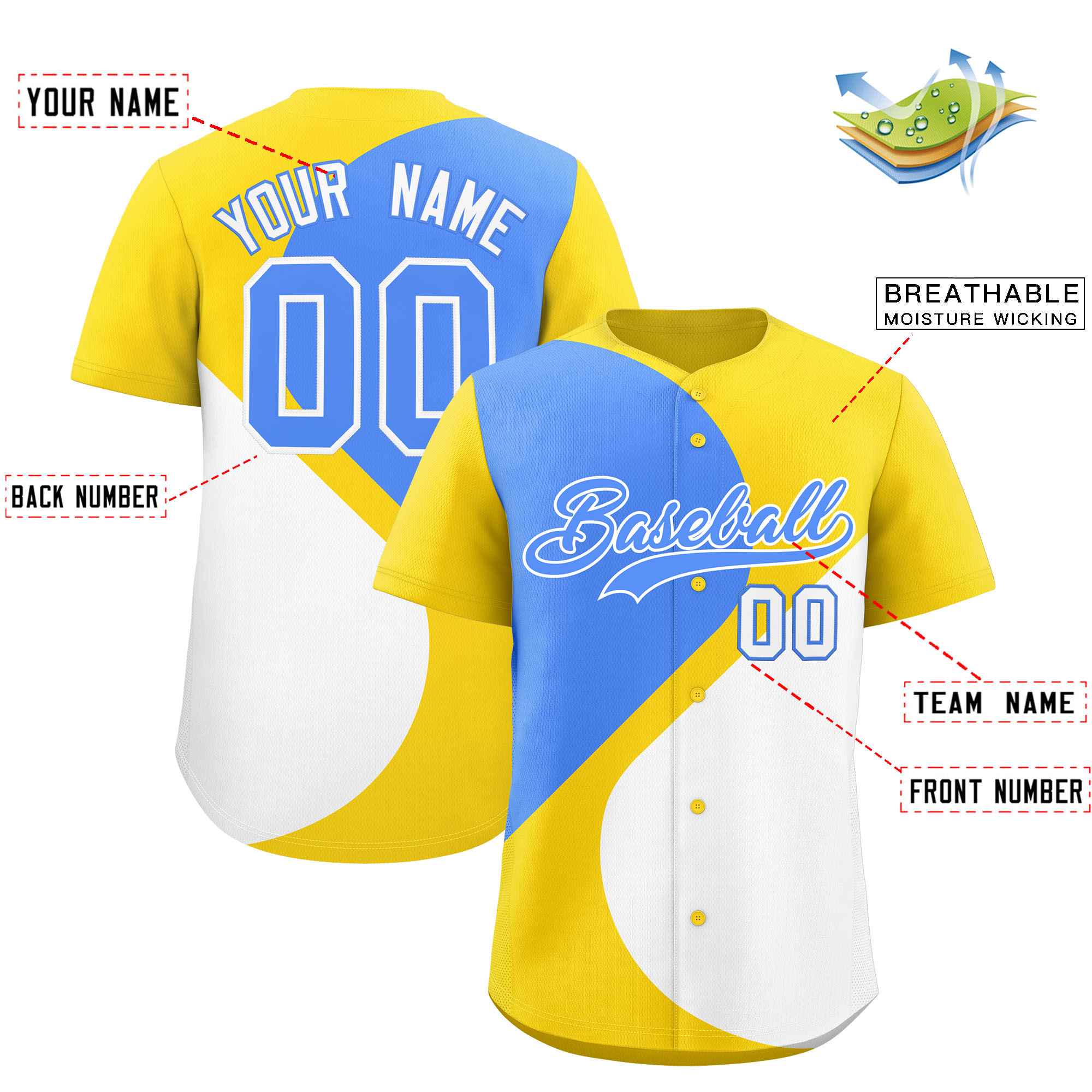 Custom Gold Powder Blue-White Color Block Personalized Half Heart Pattern Authentic Baseball Jersey