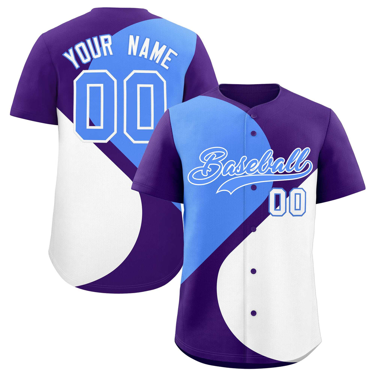 Custom Purple Powder Blue-White Color Block Personalized Half Heart Pattern Authentic Baseball Jersey