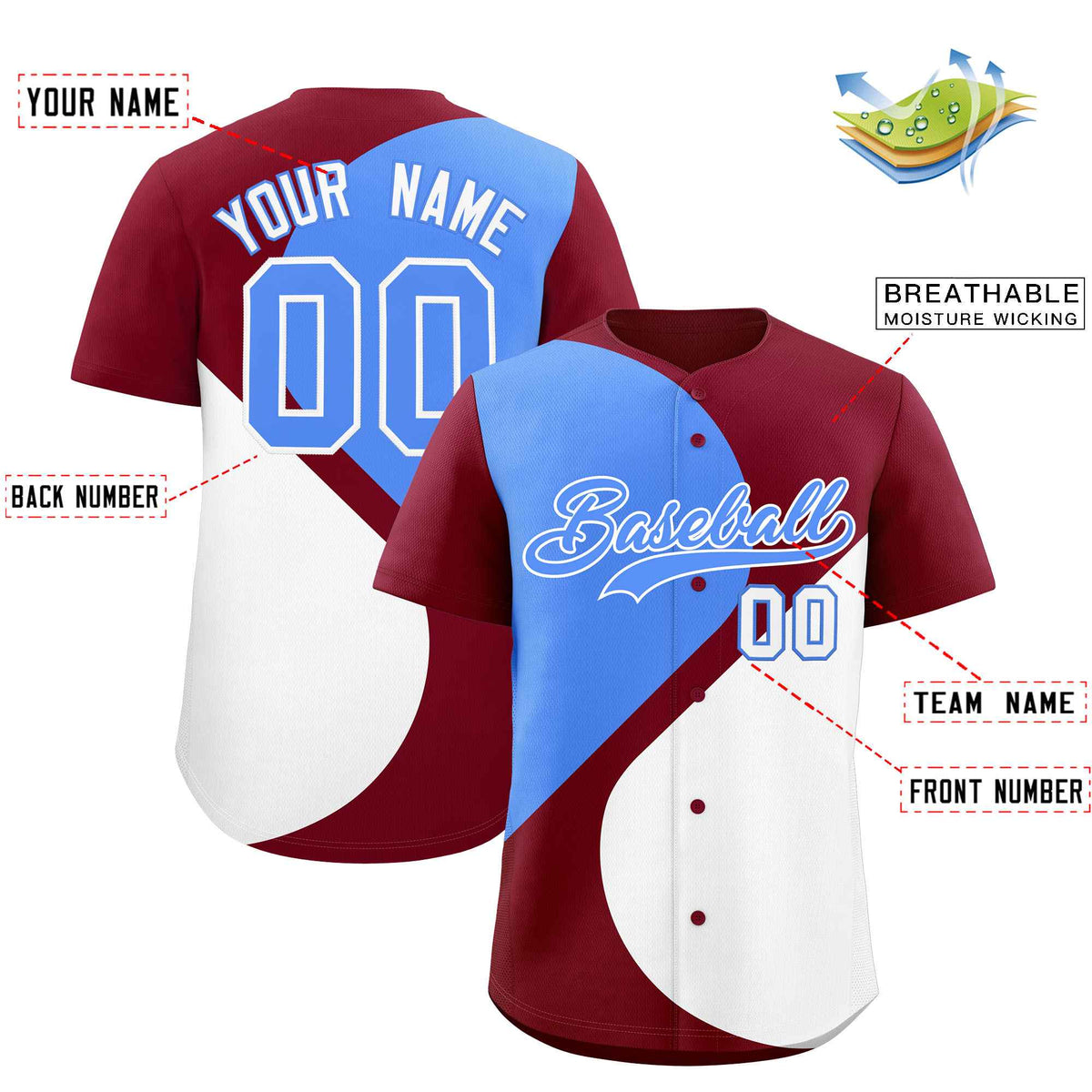 Custom Crimson Powder Blue-White Color Block Personalized Half Heart Pattern Authentic Baseball Jersey