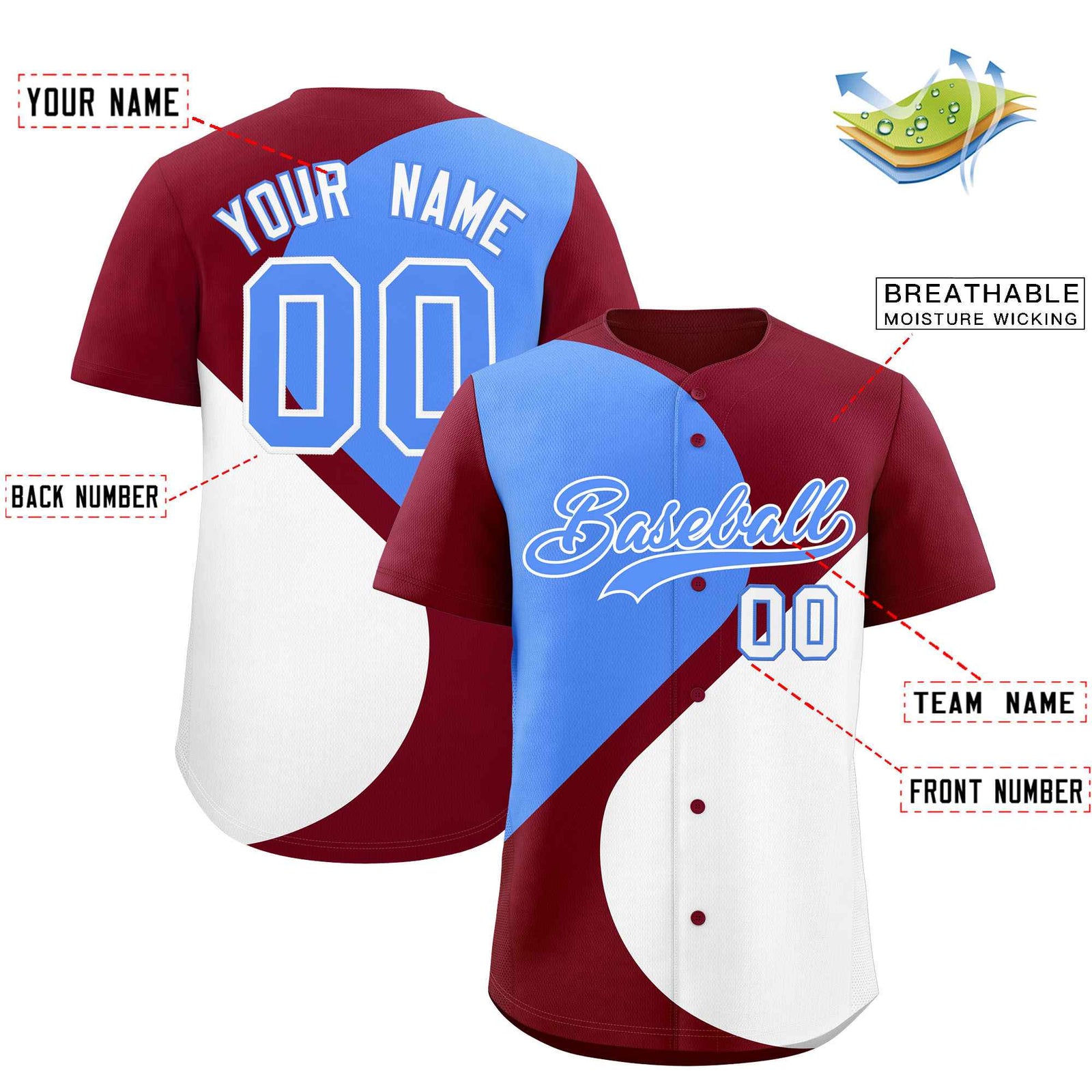 Custom Crimson Powder Blue-White Color Block Personalized Half Heart Pattern Authentic Baseball Jersey