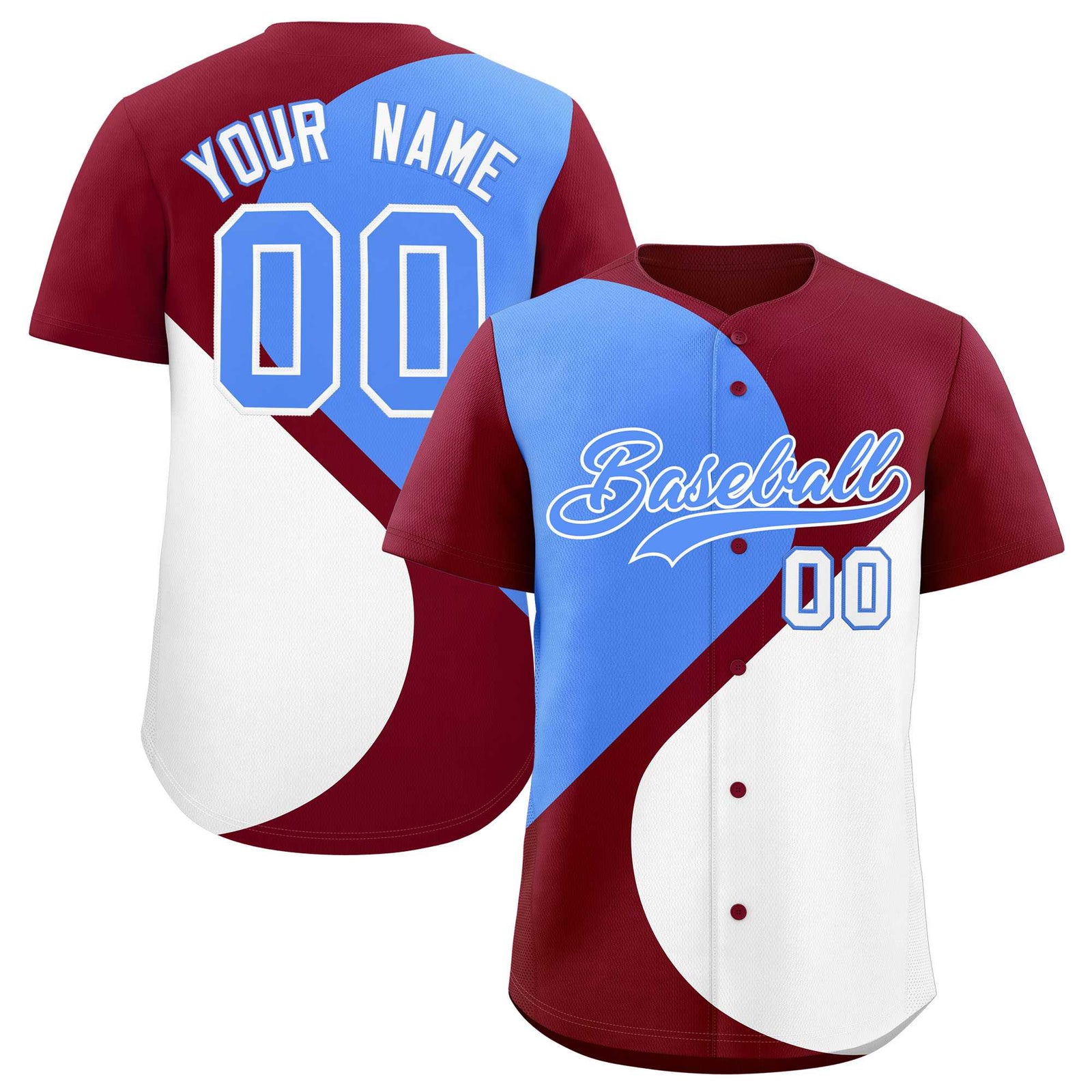 Custom Crimson Powder Blue-White Color Block Personalized Half Heart Pattern Authentic Baseball Jersey