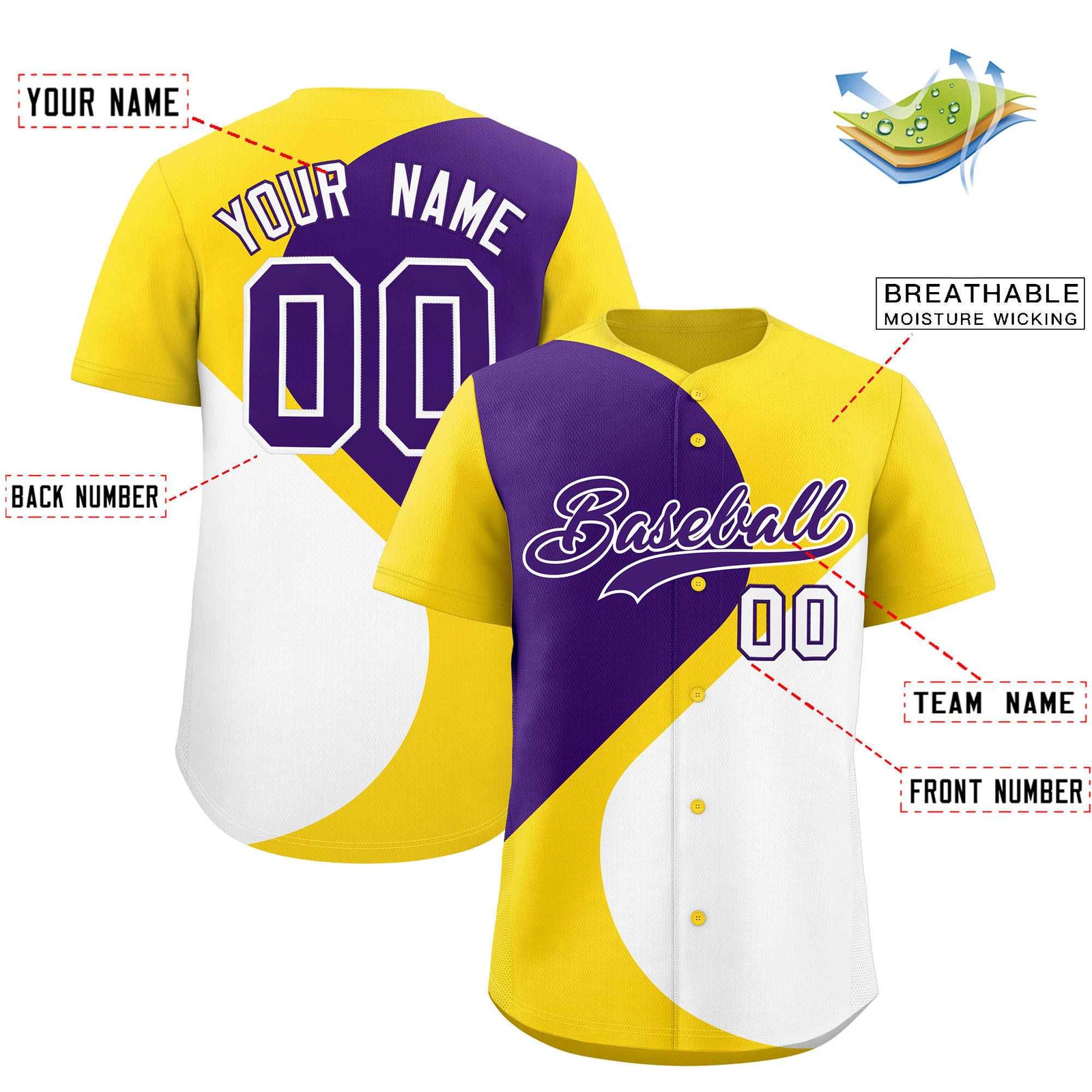 Custom Gold Purple-White Color Block Personalized Half Heart Pattern Authentic Baseball Jersey