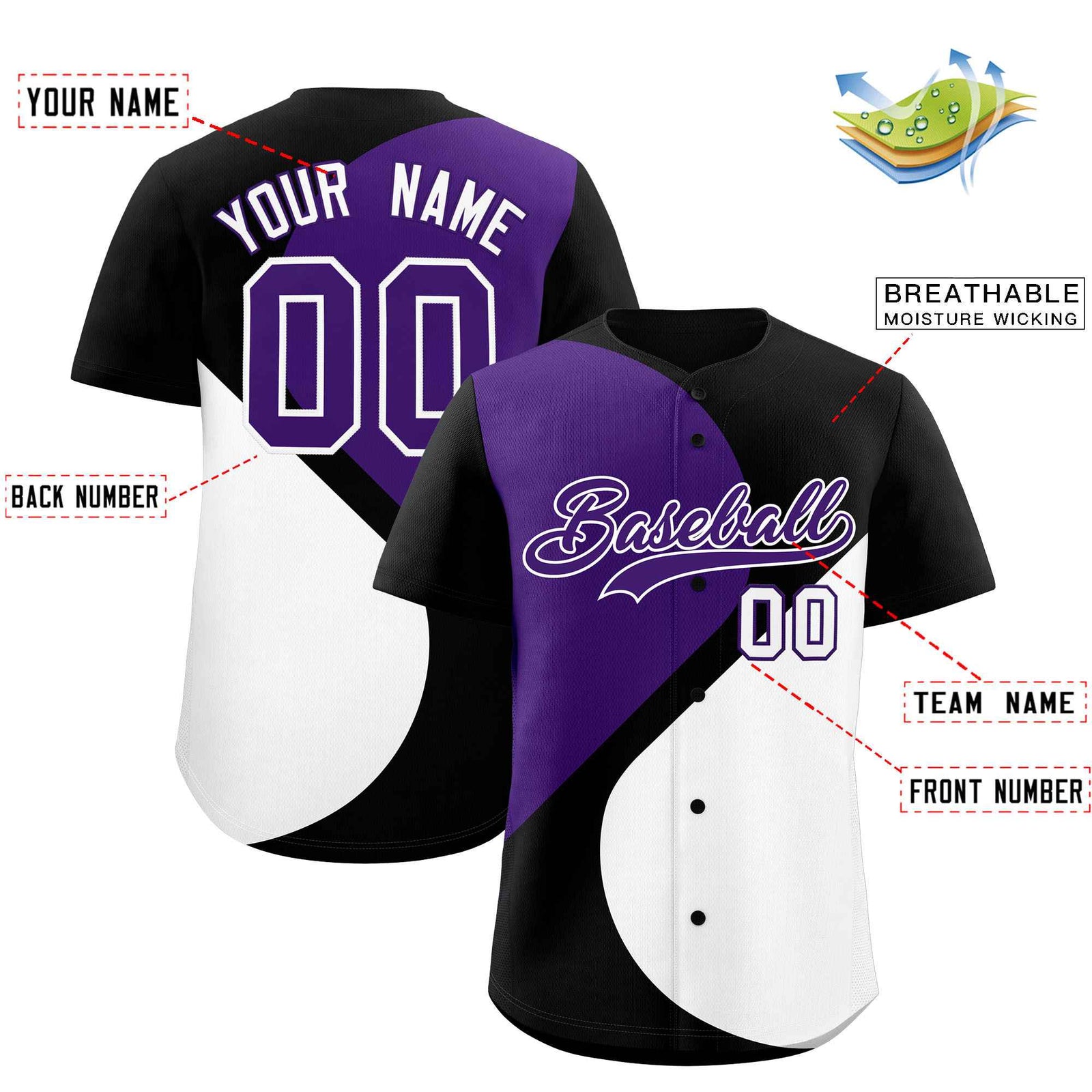 Custom Black Purple-White Color Block Personalized Half Heart Pattern Authentic Baseball Jersey