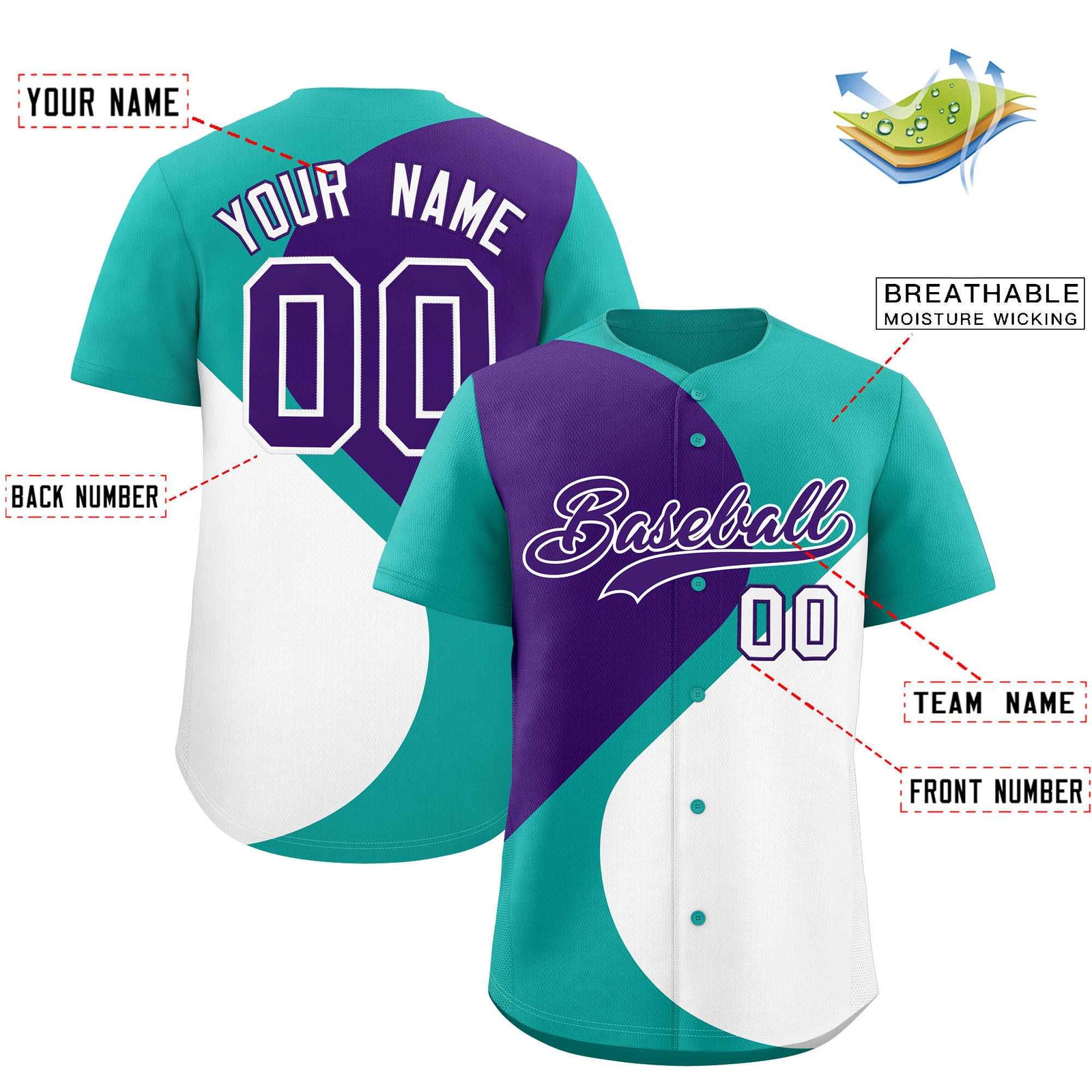 Custom Aqua Purple-White Color Block Personalized Half Heart Pattern Authentic Baseball Jersey