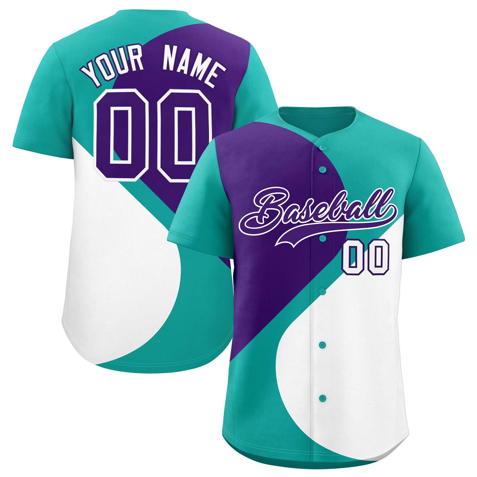 Custom Aqua Purple-White Color Block Personalized Half Heart Pattern Authentic Baseball Jersey