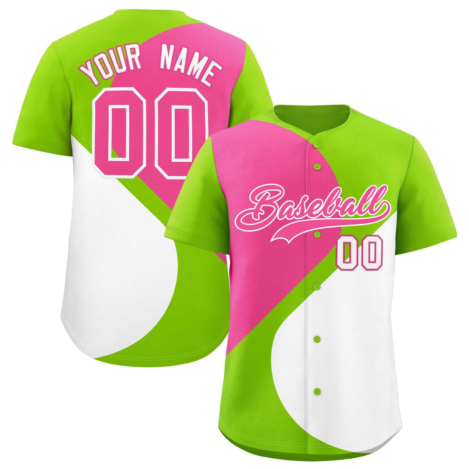 Custom Neon Green Pink-White Color Block Personalized Half Heart Pattern Authentic Baseball Jersey