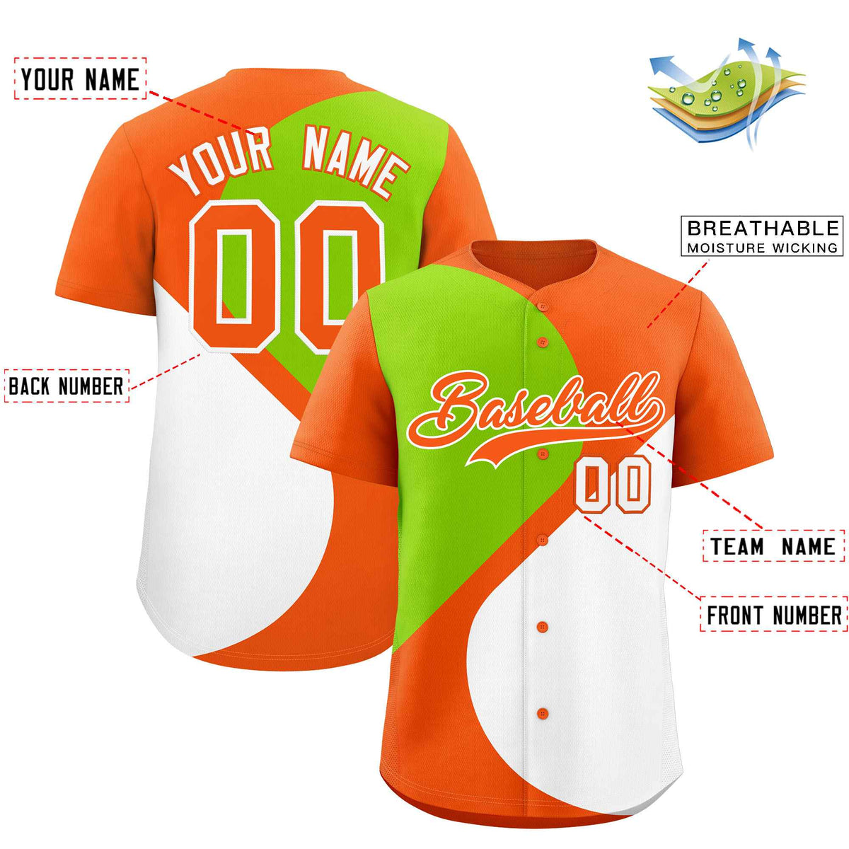 Custom Orange Neon Green-White Color Block Personalized Half Heart Pattern Authentic Baseball Jersey
