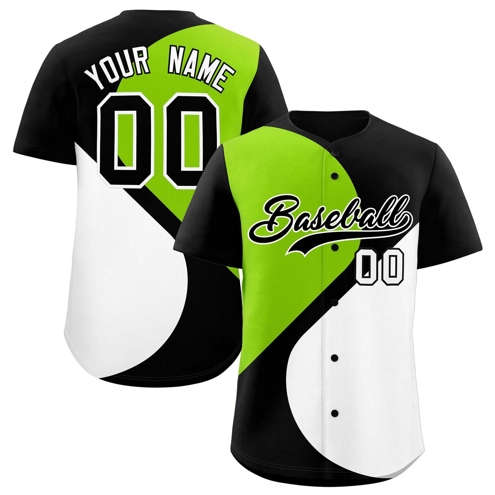 Custom Black Neon Green-White Color Block Personalized Half Heart Pattern Authentic Baseball Jersey