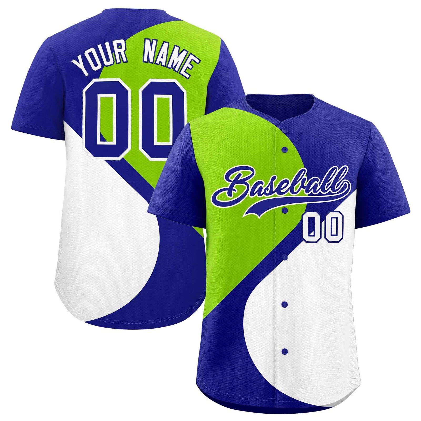 Custom Royal Neon Green-White Color Block Personalized Half Heart Pattern Authentic Baseball Jersey