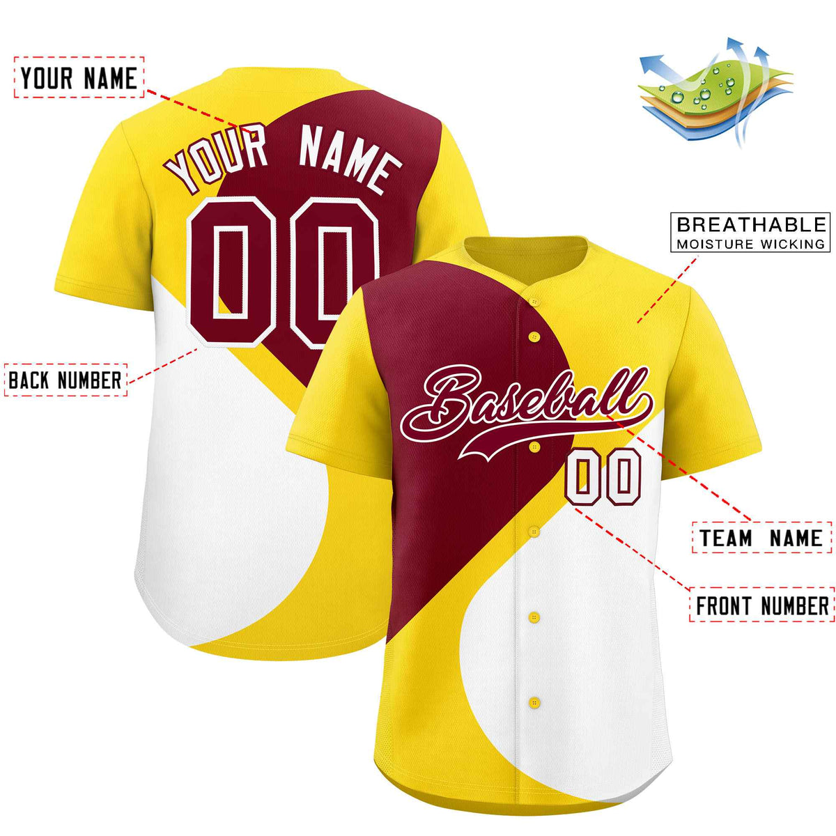 Custom Gold Crimson-White Color Block Personalized Half Heart Pattern Authentic Baseball Jersey
