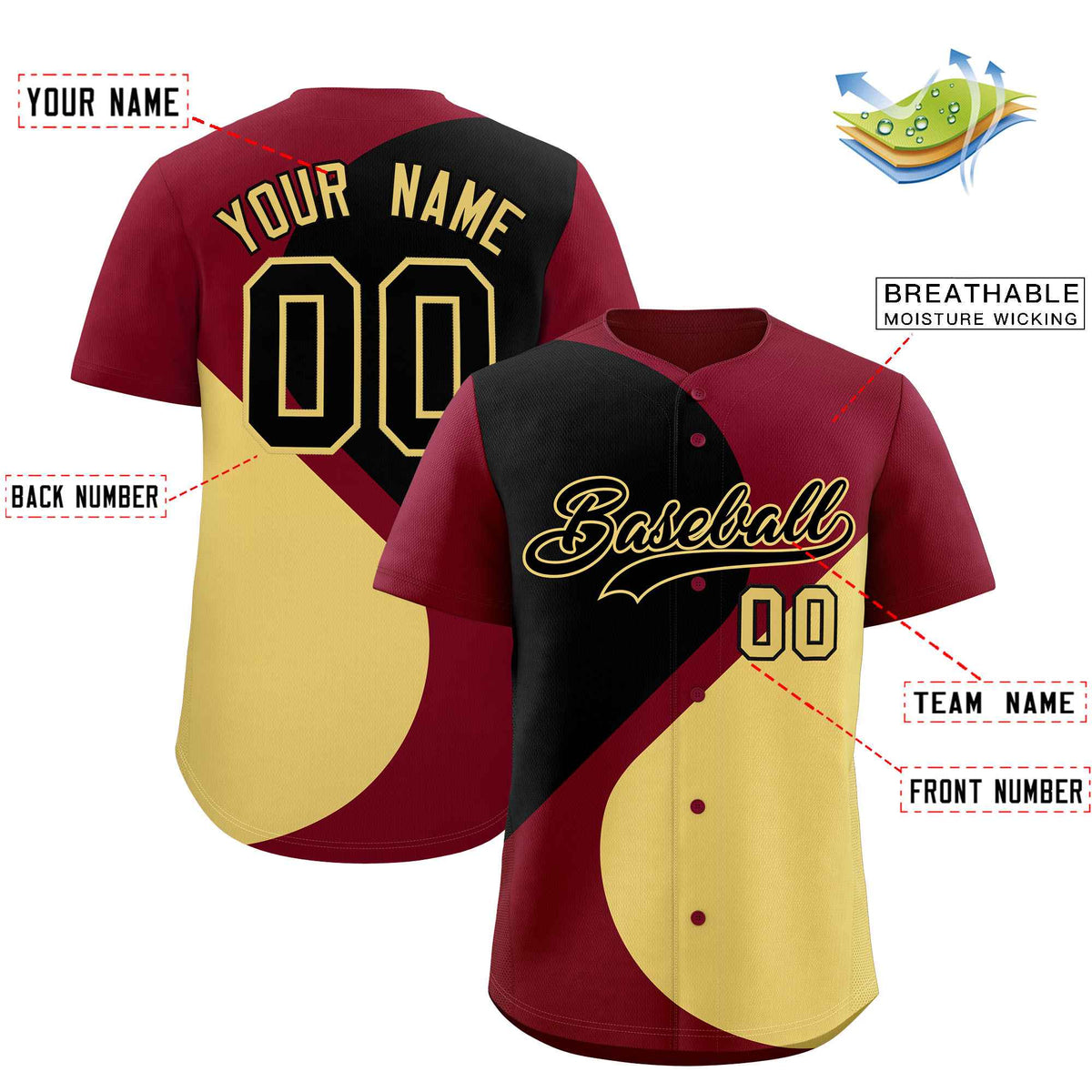 Custom Crimson Black-Khaki Color Block Personalized Half Heart Pattern Authentic Baseball Jersey