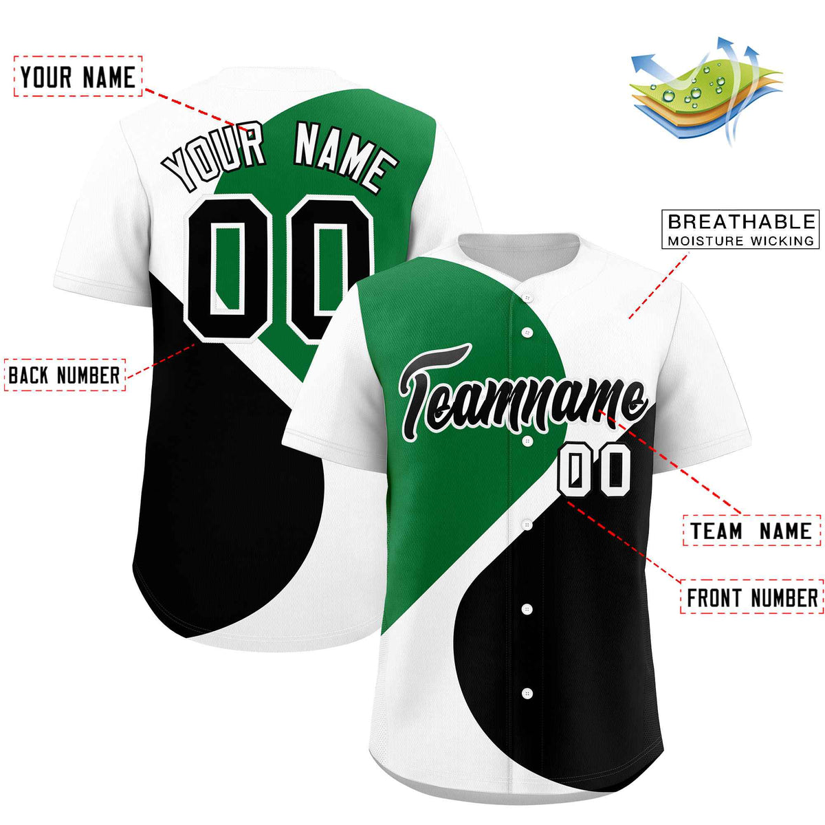 Custom White Kelly Green-Black Color Block Personalized Half Heart Pattern Authentic Baseball Jersey