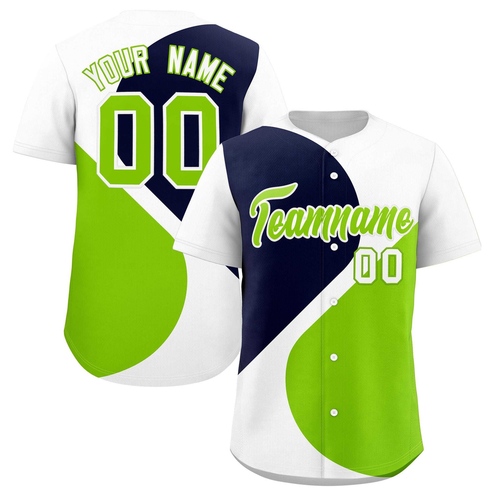 Custom White Navy-Neon Green Color Block Personalized Half Heart Pattern Authentic Baseball Jersey