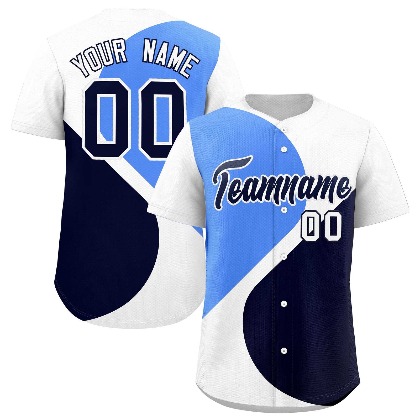 Custom White Powder Blue-Navy Color Block Personalized Half Heart Pattern Authentic Baseball Jersey