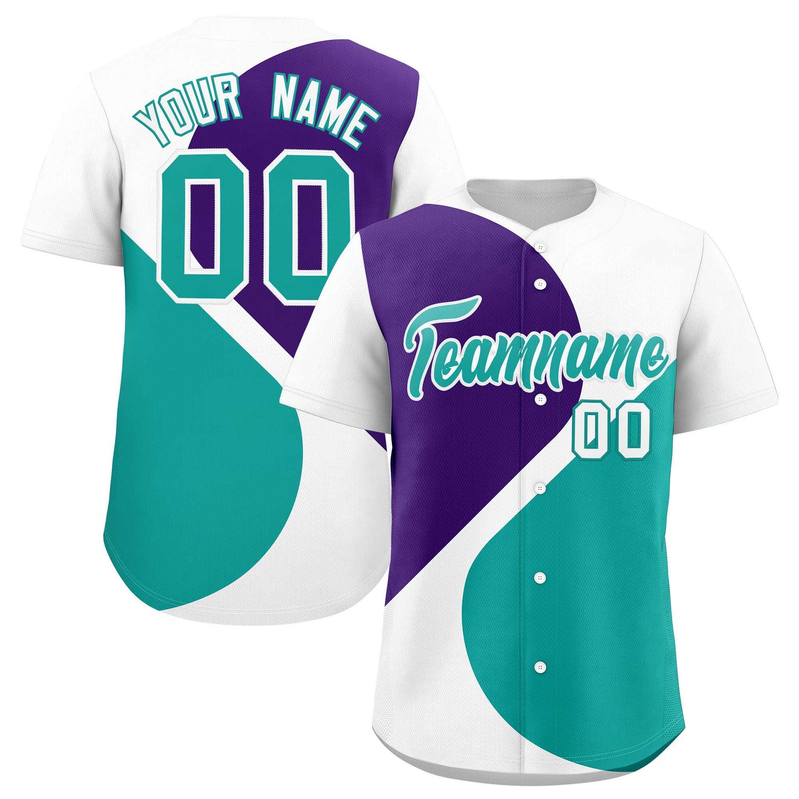 Custom White Purple-Aqua Color Block Personalized Half Heart Pattern Authentic Baseball Jersey