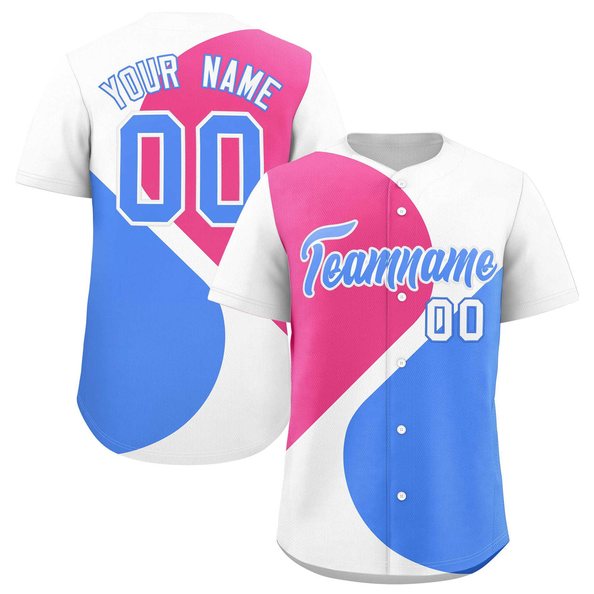 Custom White Pink-Powder Blue Color Block Personalized Half Heart Pattern Authentic Baseball Jersey