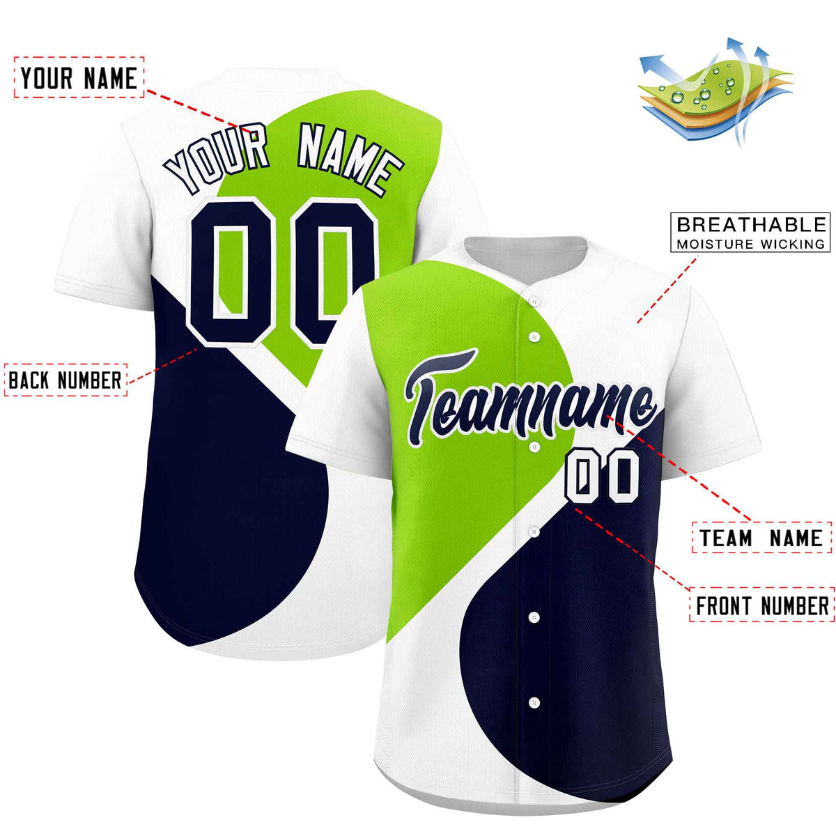 Custom White Neon Green-Navy Color Block Personalized Half Heart Pattern Authentic Baseball Jersey