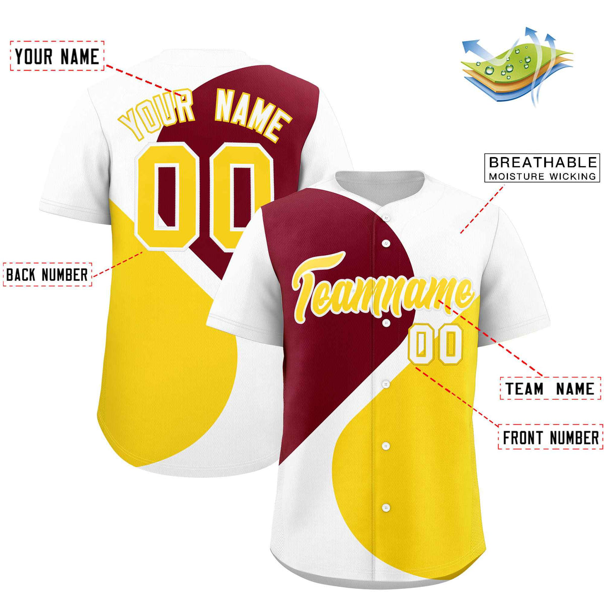 Custom White Crimson-Gold Color Block Personalized Half Heart Pattern Authentic Baseball Jersey