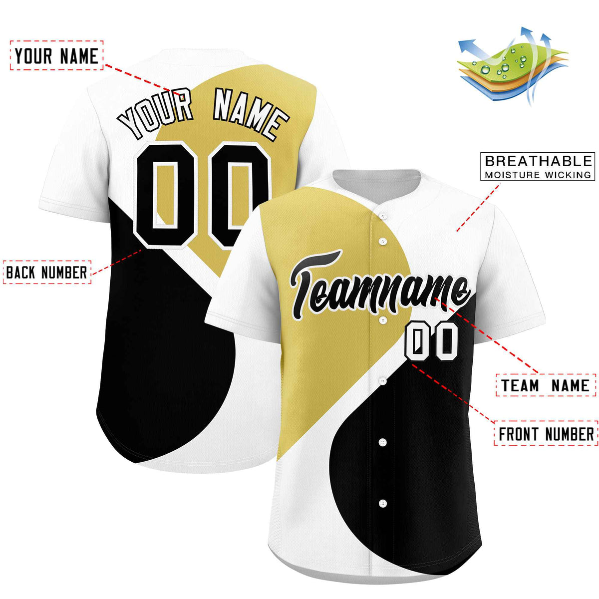 Custom White Old Gold-Black Color Block Personalized Half Heart Pattern Authentic Baseball Jersey