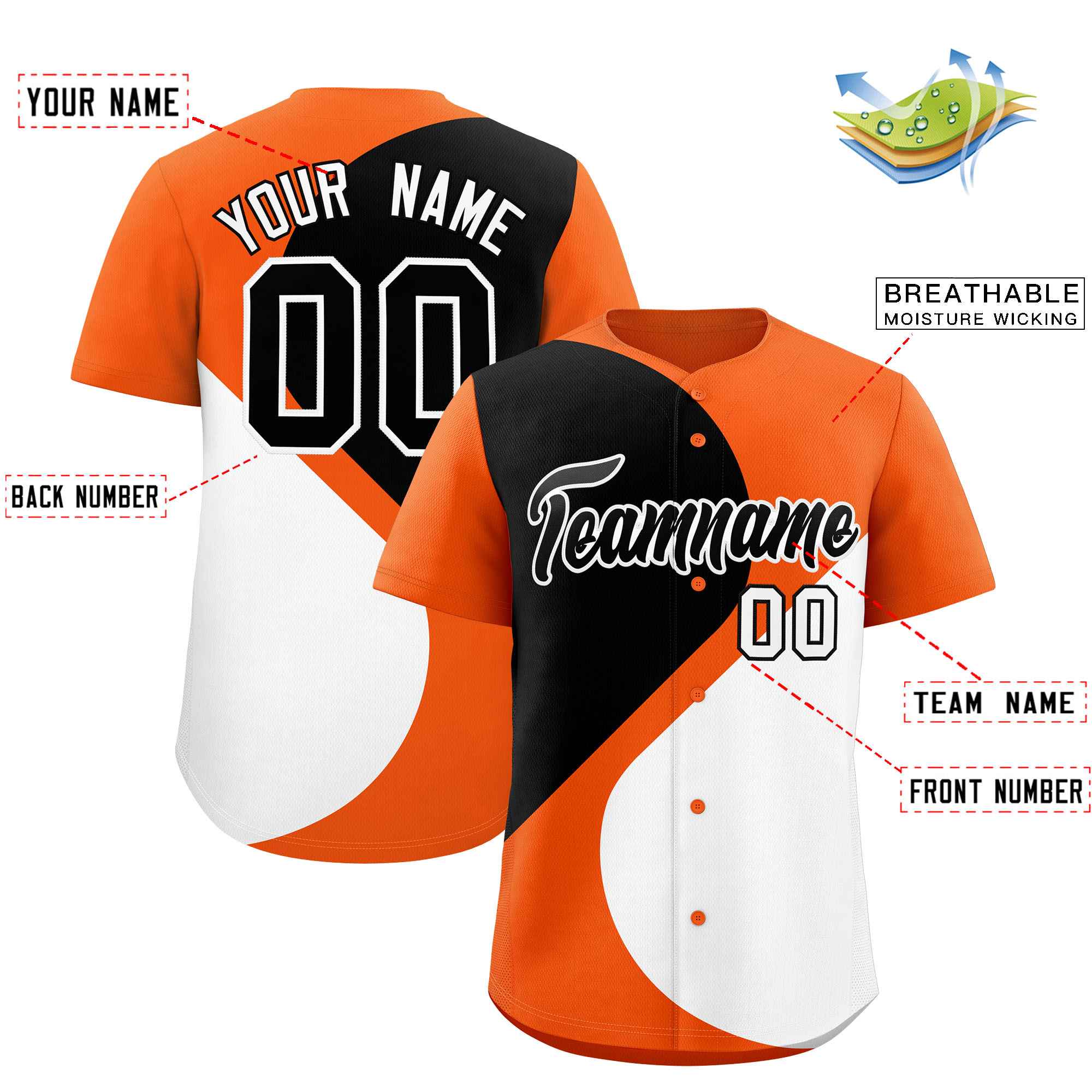 Custom Orange Black-White Color Block Personalized Half Heart Pattern Authentic Baseball Jersey