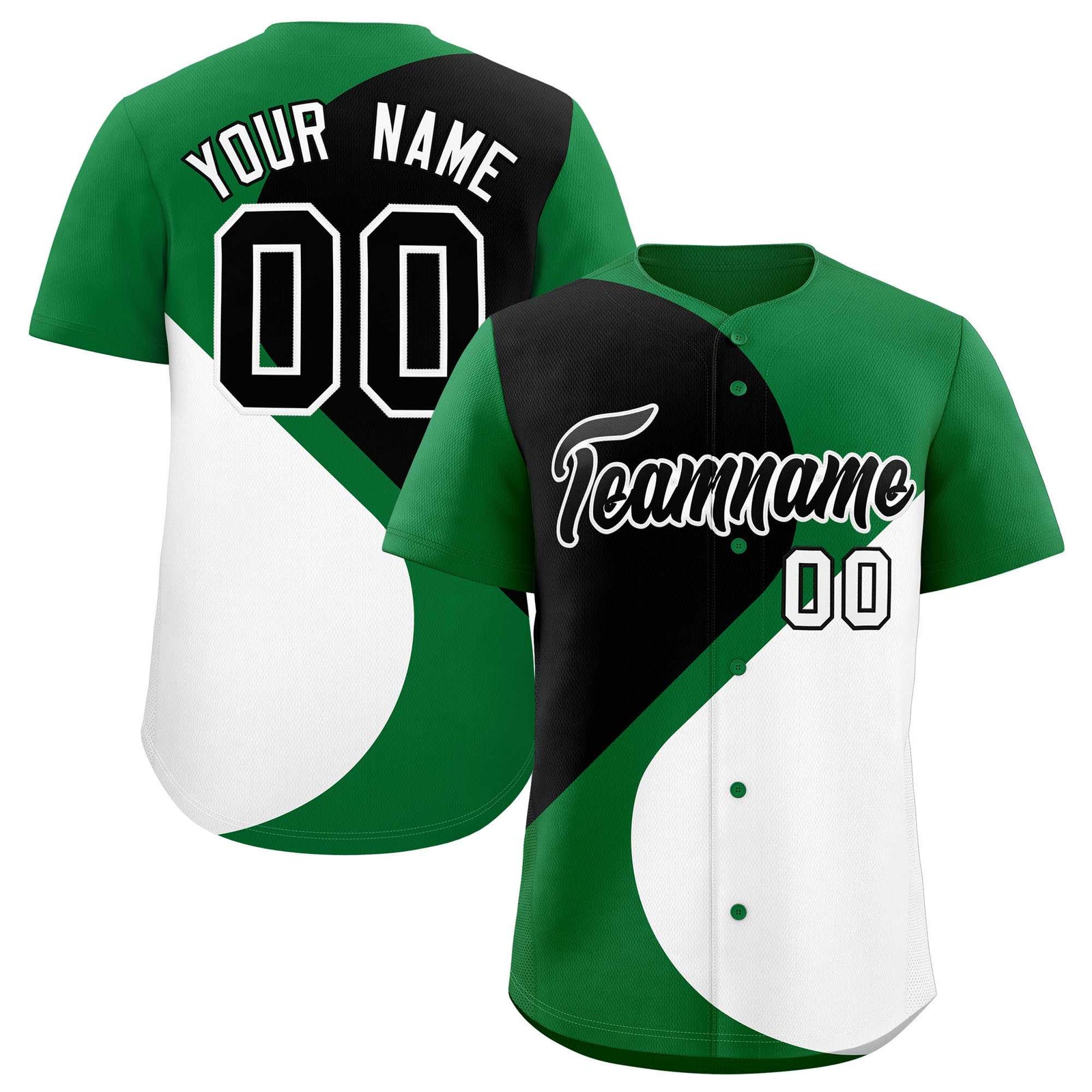 Custom Kelly Green Black-White Color Block Personalized Half Heart Pattern Authentic Baseball Jersey