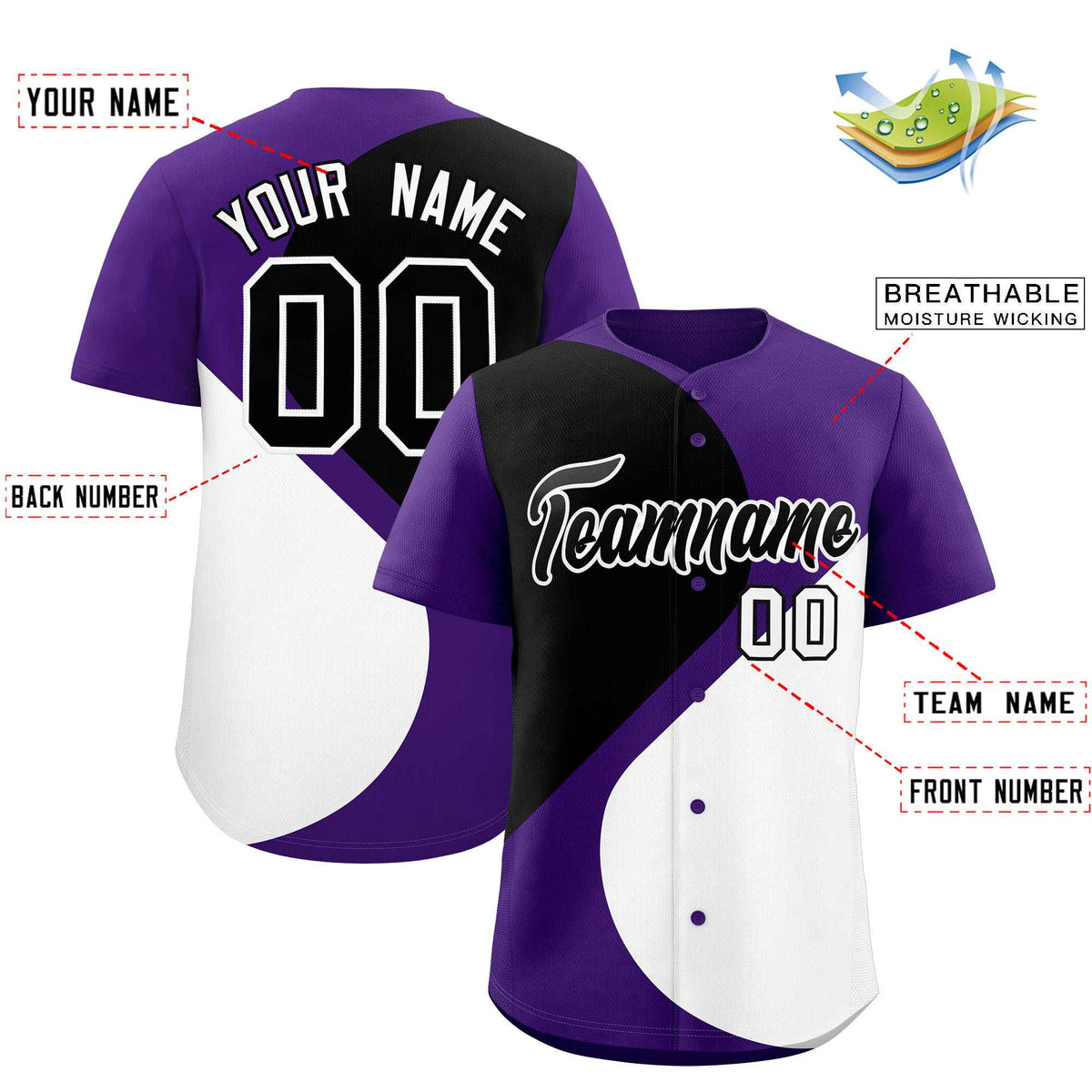Custom Purple Black-White Color Block Personalized Half Heart Pattern Authentic Baseball Jersey