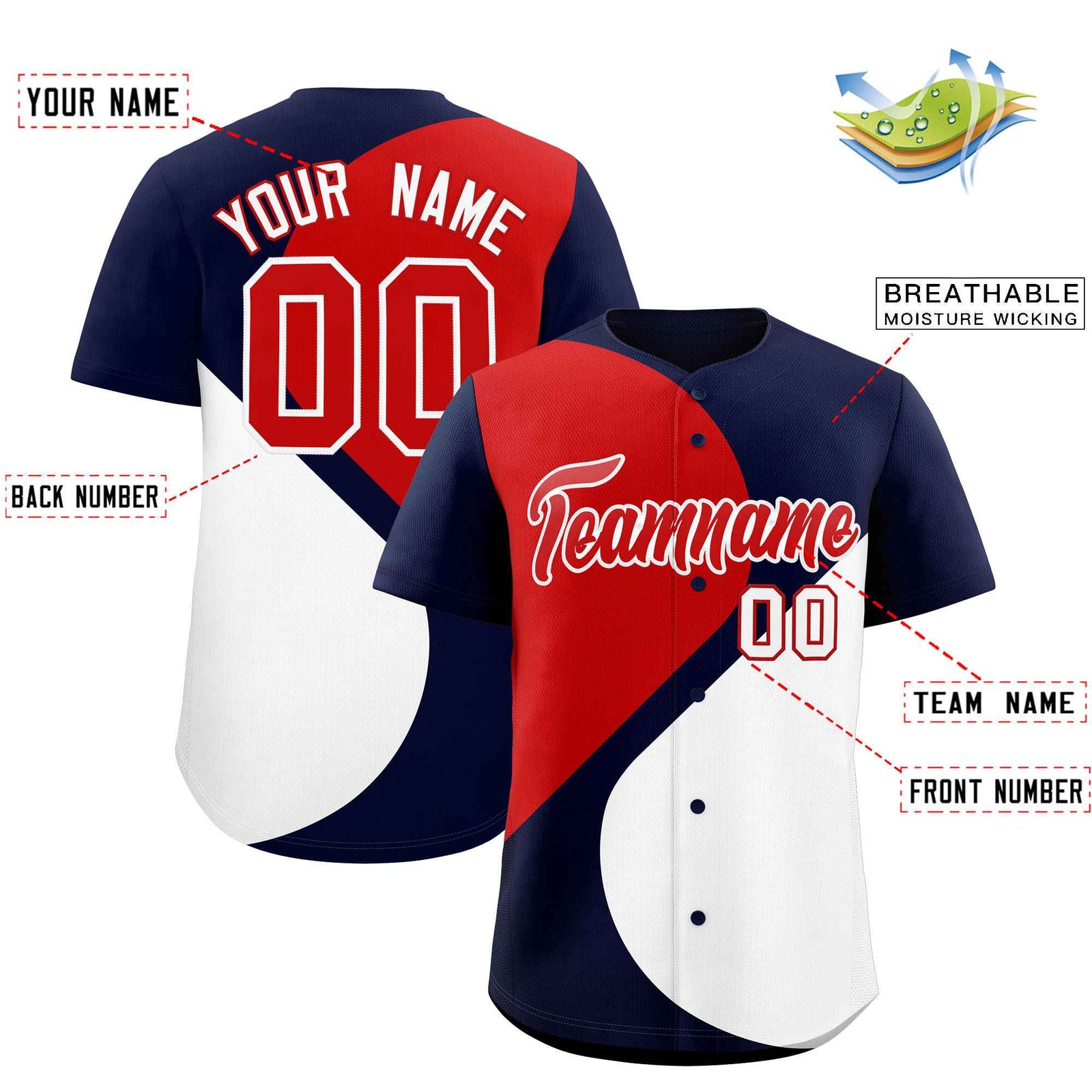 Custom Navy Red-White Color Block Personalized Half Heart Pattern Authentic Baseball Jersey