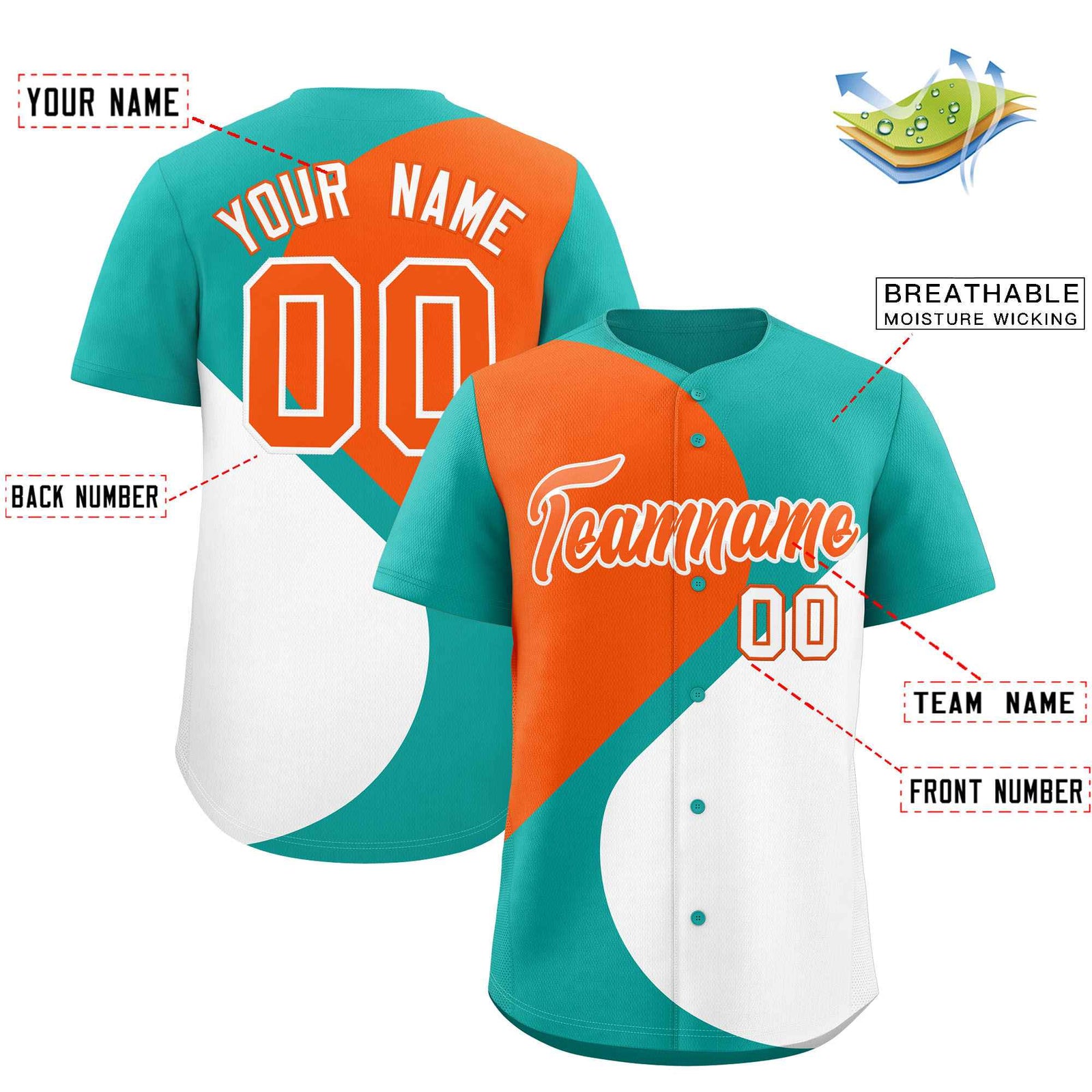 Custom Aqua Orange-White Color Block Personalized Half Heart Pattern Authentic Baseball Jersey